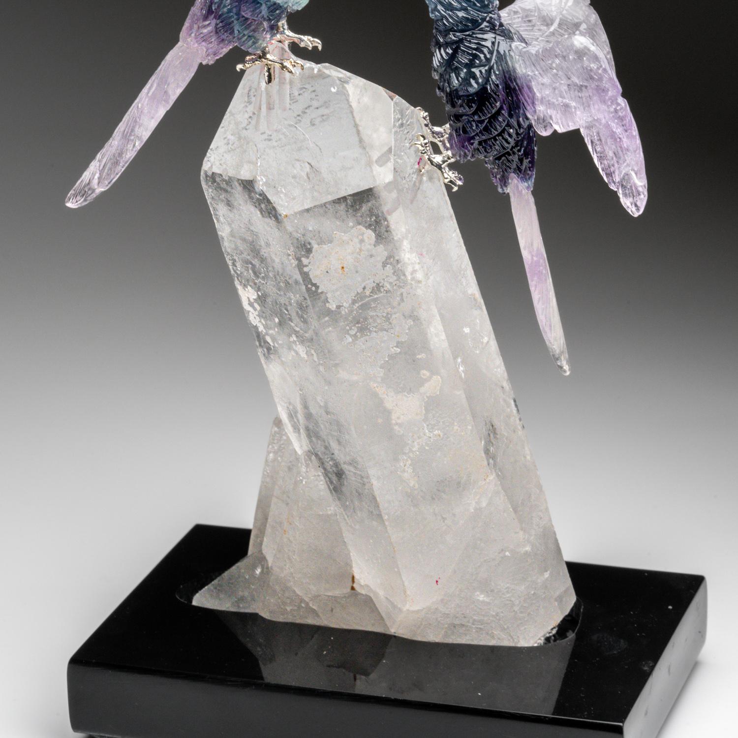 Hibou en fluorine sculpté à la main sur un point de quartz transparent (6,5 po. (H) en vente 3