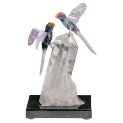 Hand Carved Fluorite Owl on a Clear Quartz Point (6.5"H)