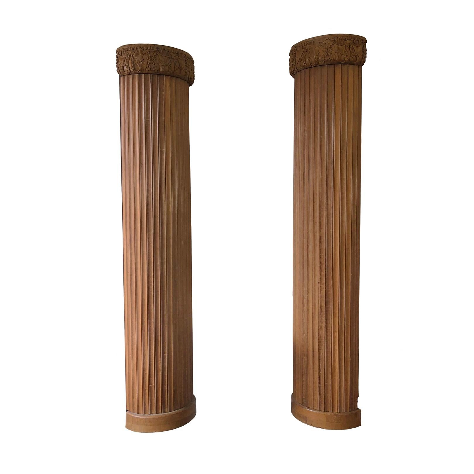Hand Carved Fluted Wood ½ Columns Pair, Austria, 1900s For Sale