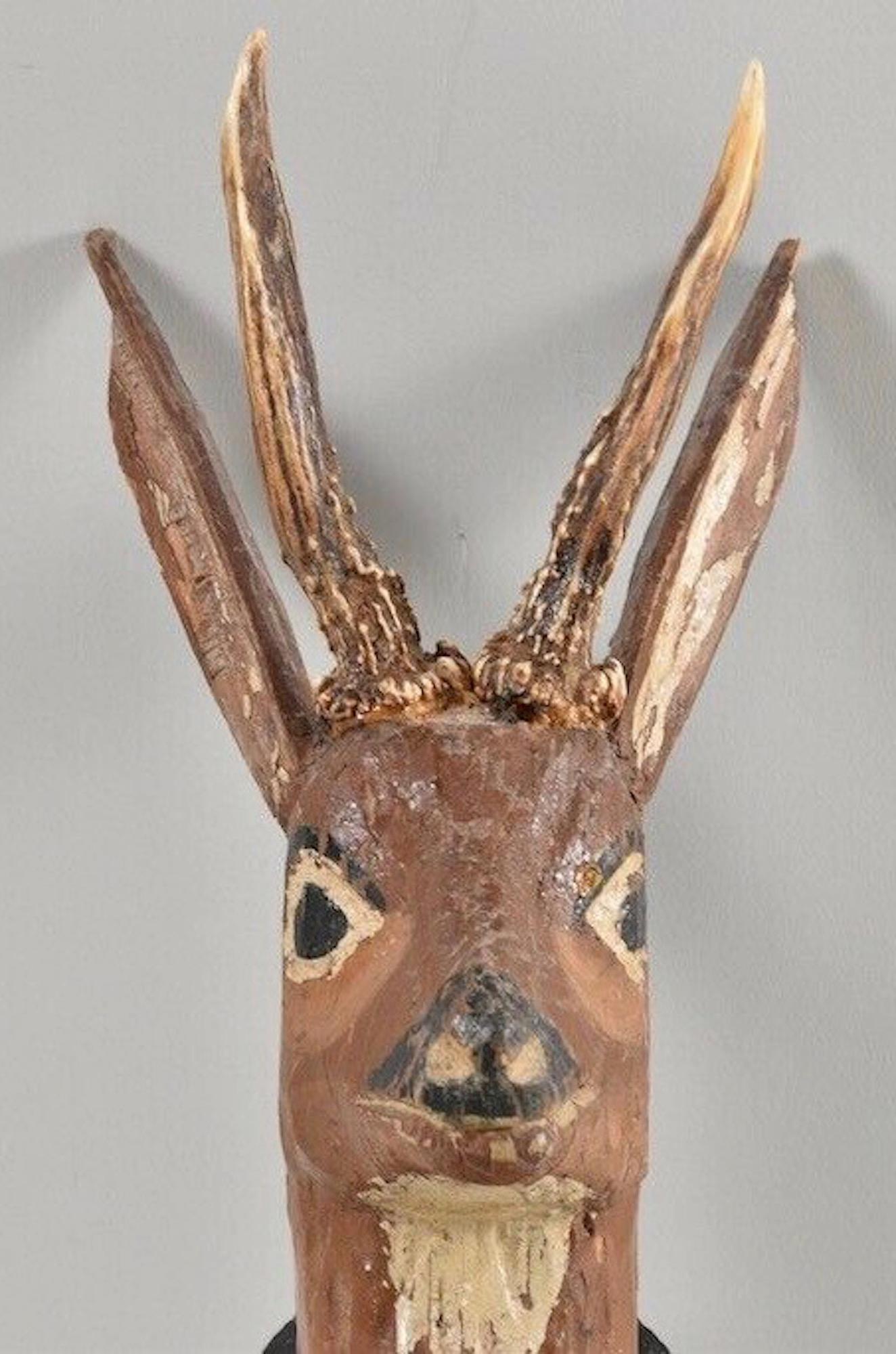 Late 19th Century Hand Carved Folk Art Deer Head with Real Antlers, 19th Century