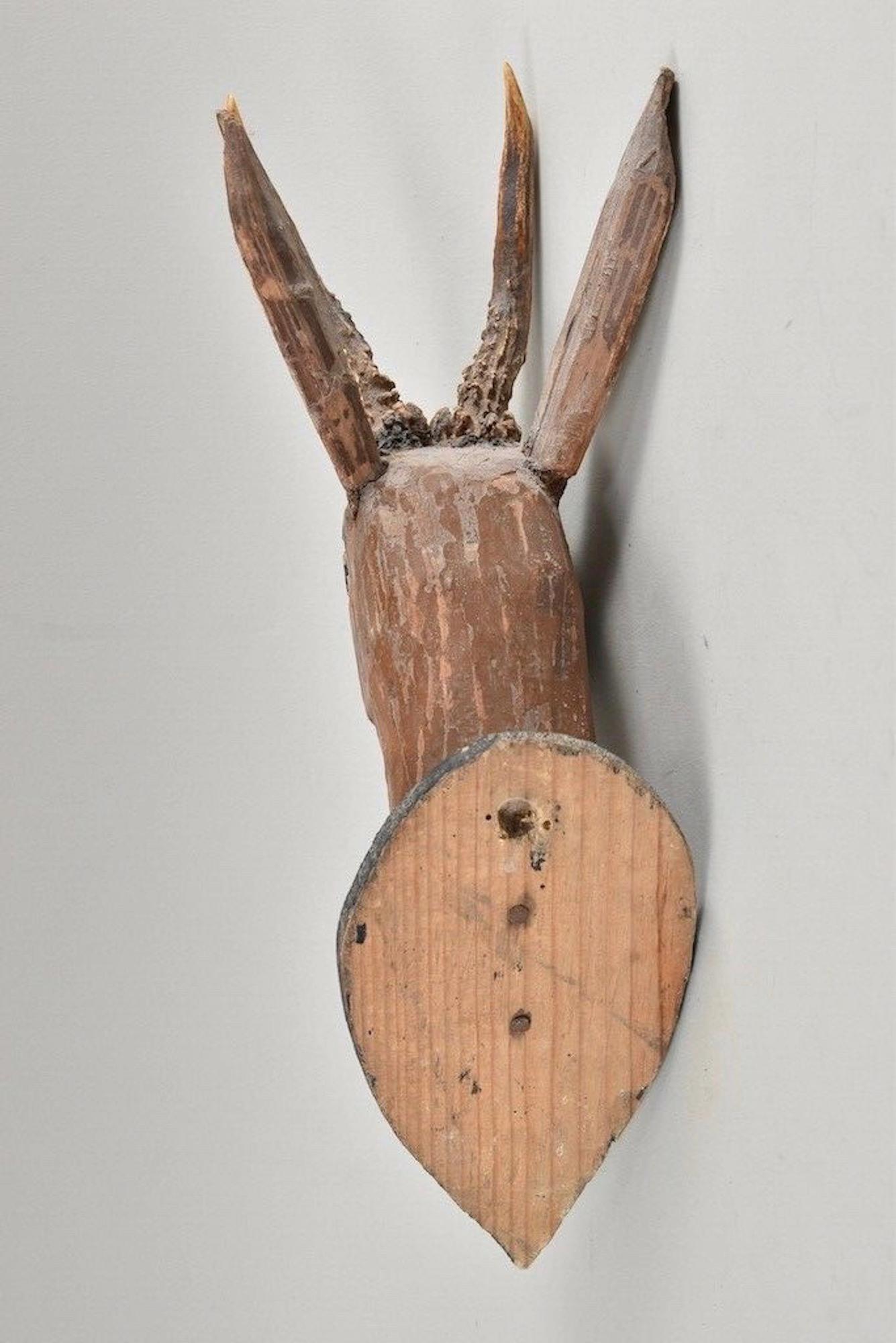 Black Forest Hand Carved Folk Art Deer Head with Real Antlers, 19th Century
