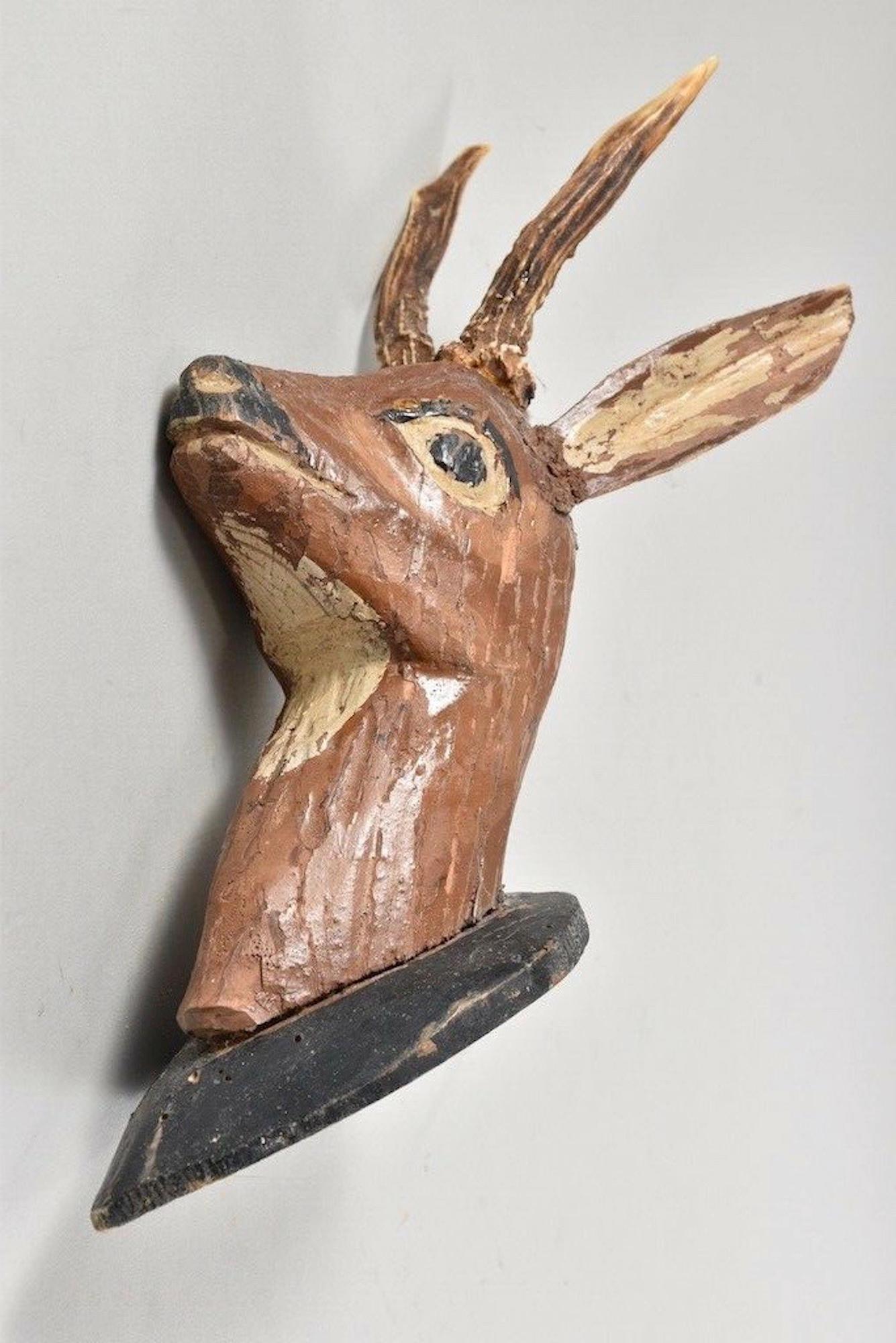 Hand-Carved Hand Carved Folk Art Deer Head with Real Antlers, 19th Century