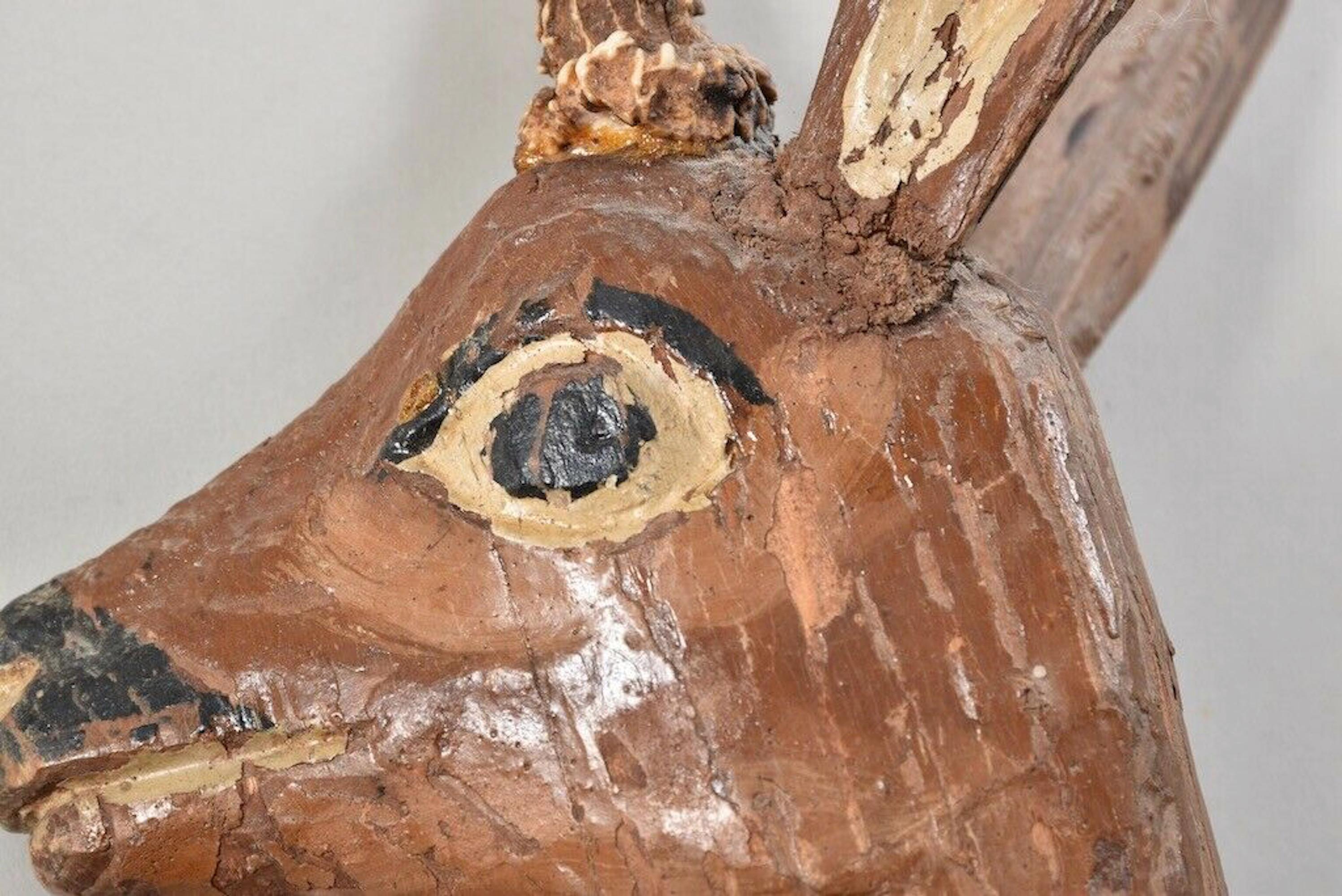 Hand Carved Folk Art Deer Head with Real Antlers, 19th Century In Good Condition In Nuernberg, DE