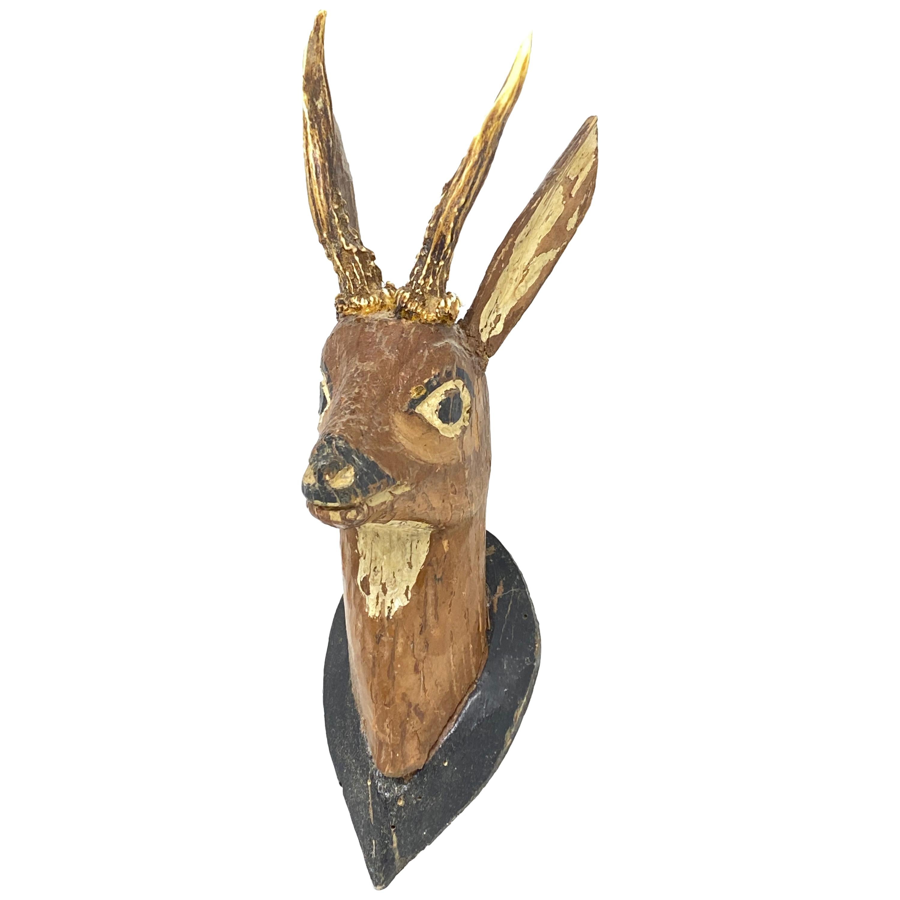 Hand Carved Folk Art Deer Head with Real Antlers, 19th Century