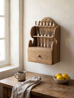Hand-Carved Folk Art Pine Cutlery Rack with Drawer, 1950s