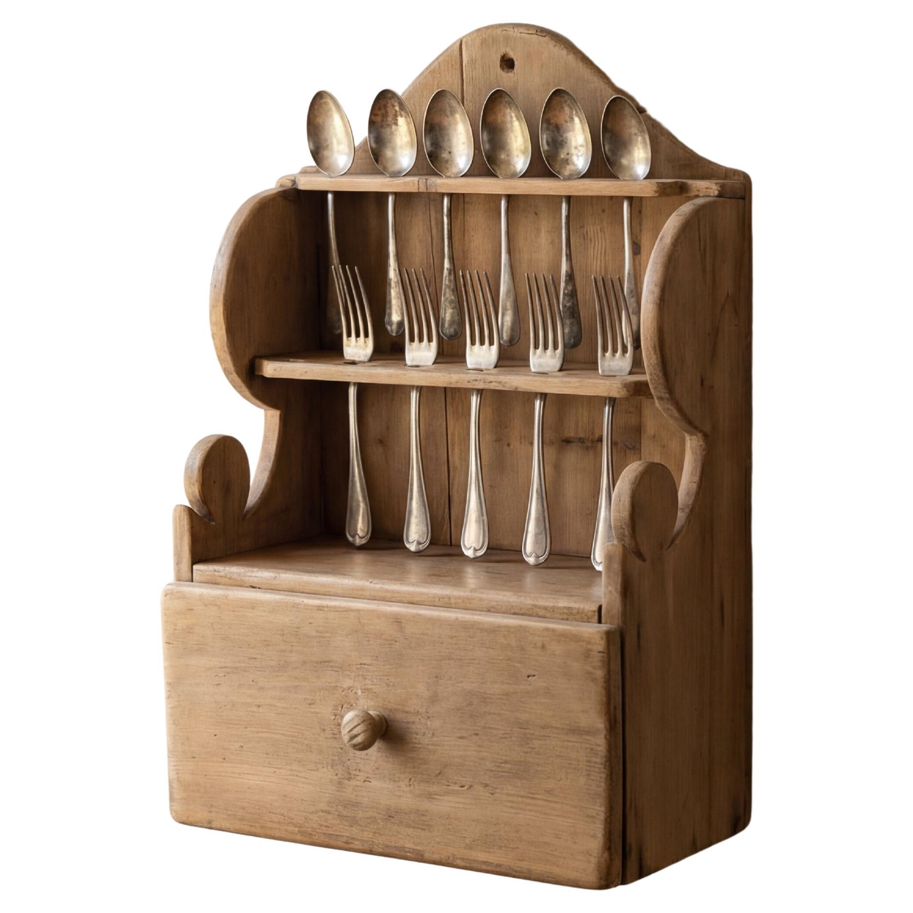 Hand-Carved Folk Art Pine Cutlery Rack with Drawer, 1950s For Sale