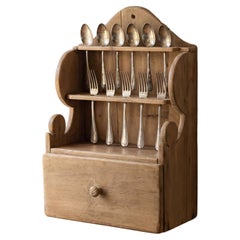 Hand-Carved Folk Art Pine Cutlery Rack with Drawer, 1950s