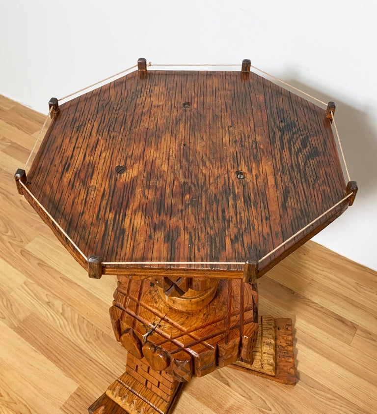 Hand Carved Folk Art Side Table by Joseph Deveau, Circa 1950s For Sale