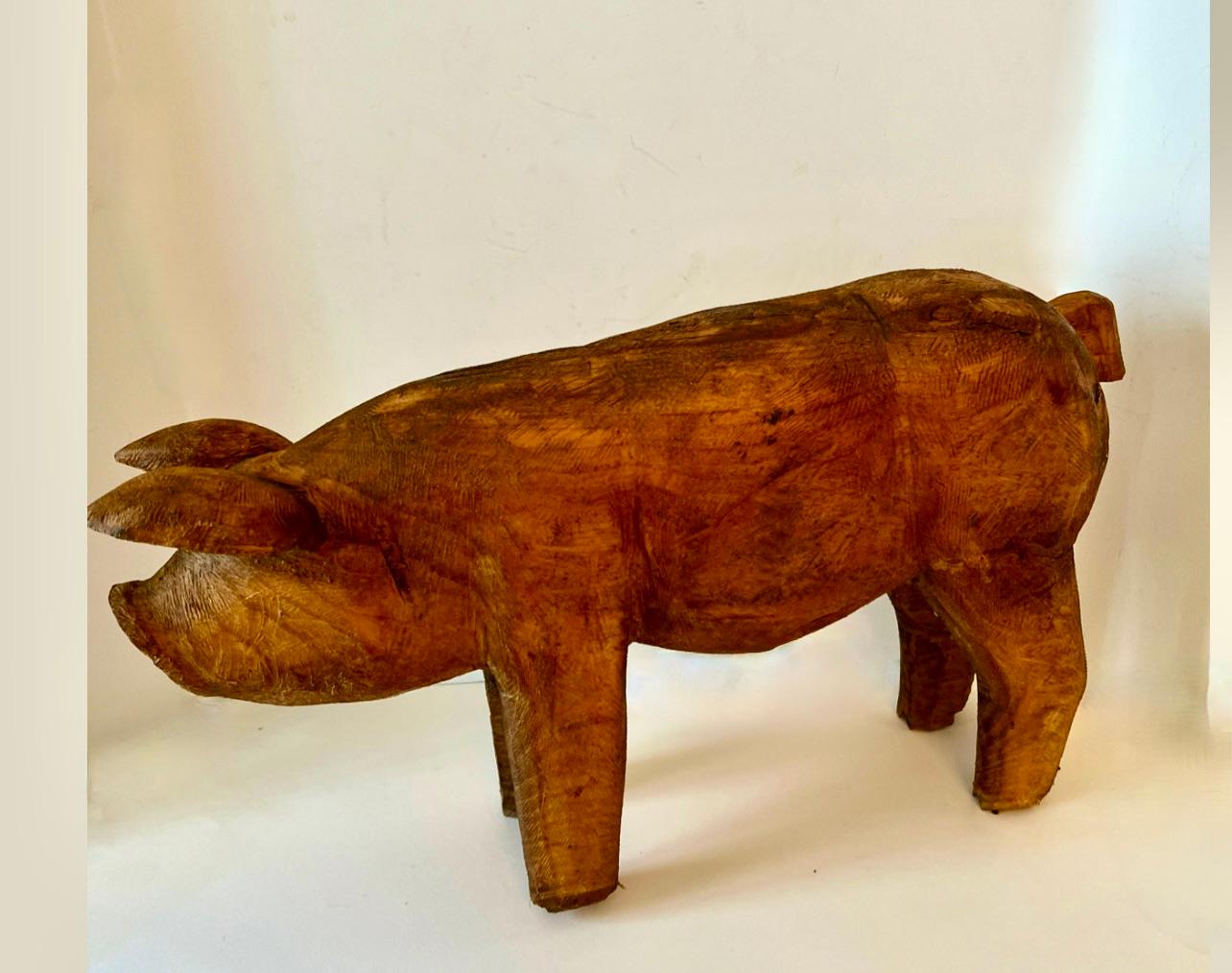 Hand Carved Folk Art Standing Pig For Sale 4