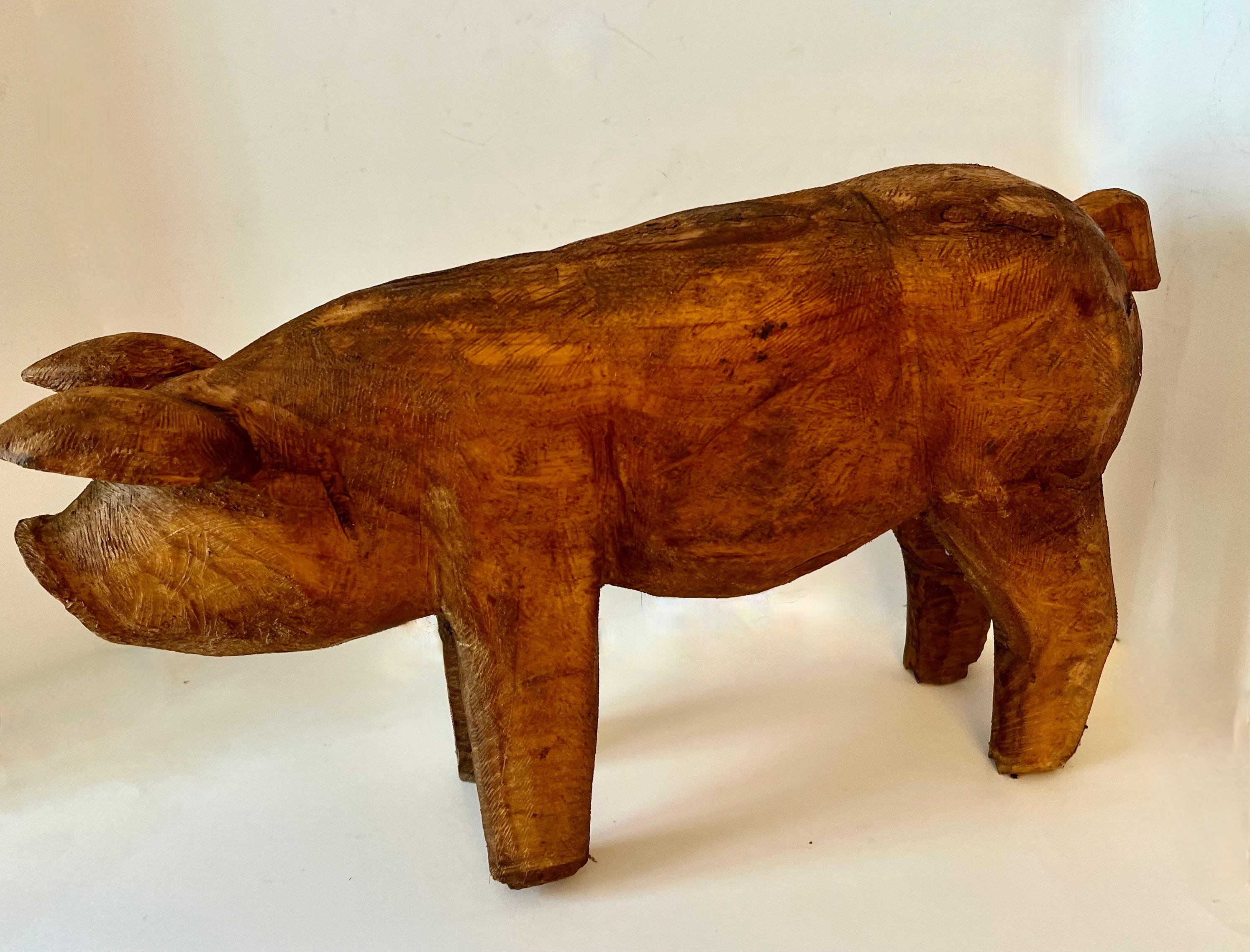 Hand Carved Folk Art Standing Pig For Sale 2