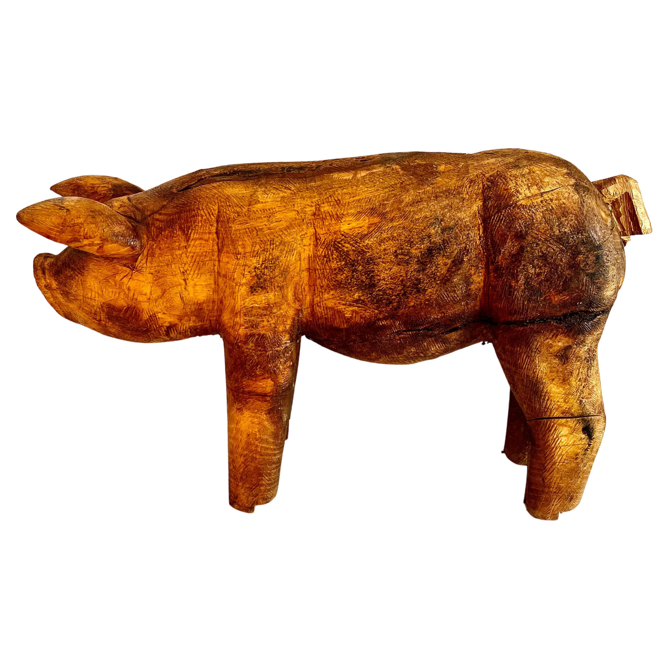 Hand Carved Folk Art Standing Pig