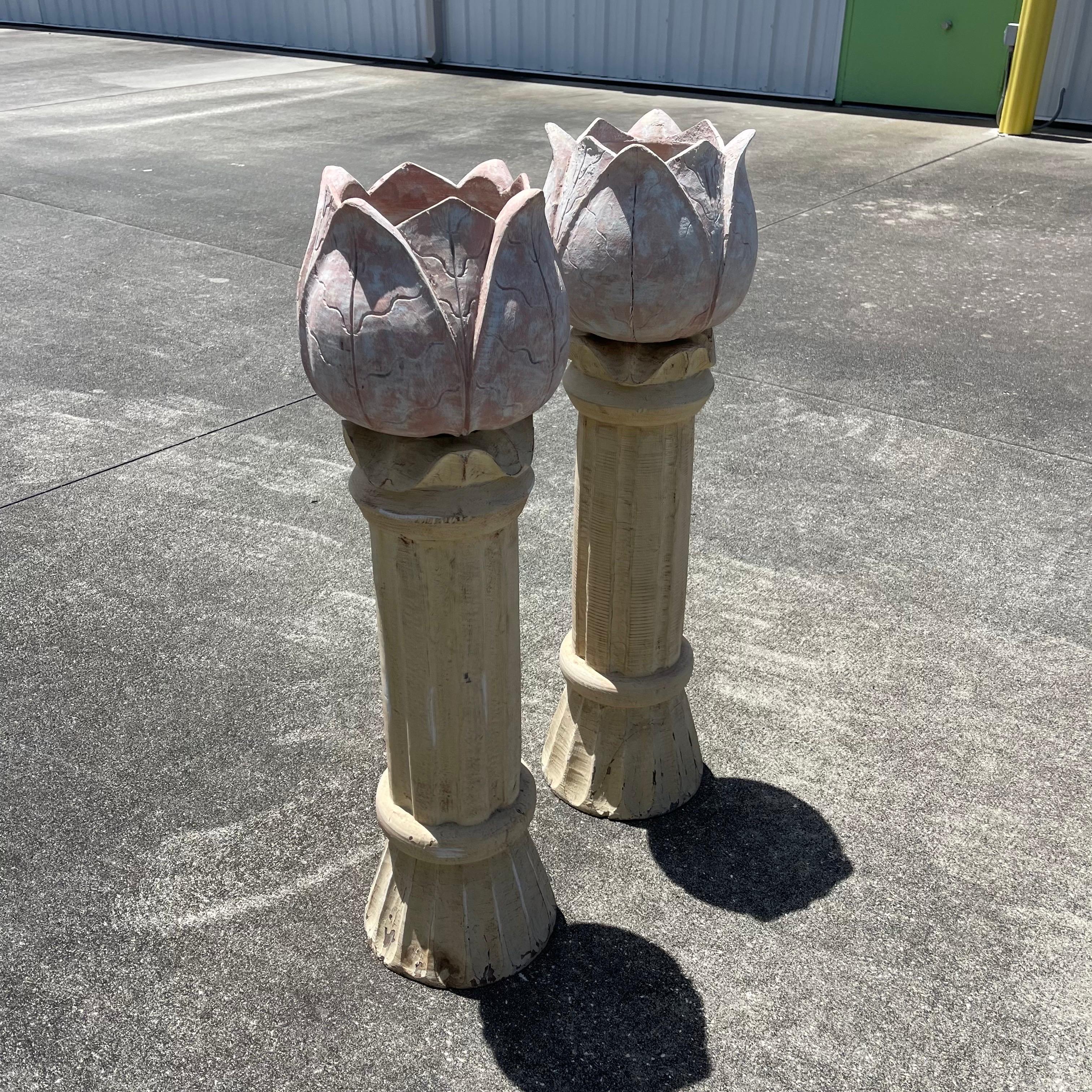Hand Carved Folk Art Tulip Clematis Floral Flower Pot Planter Plant Stands, Pair For Sale 5