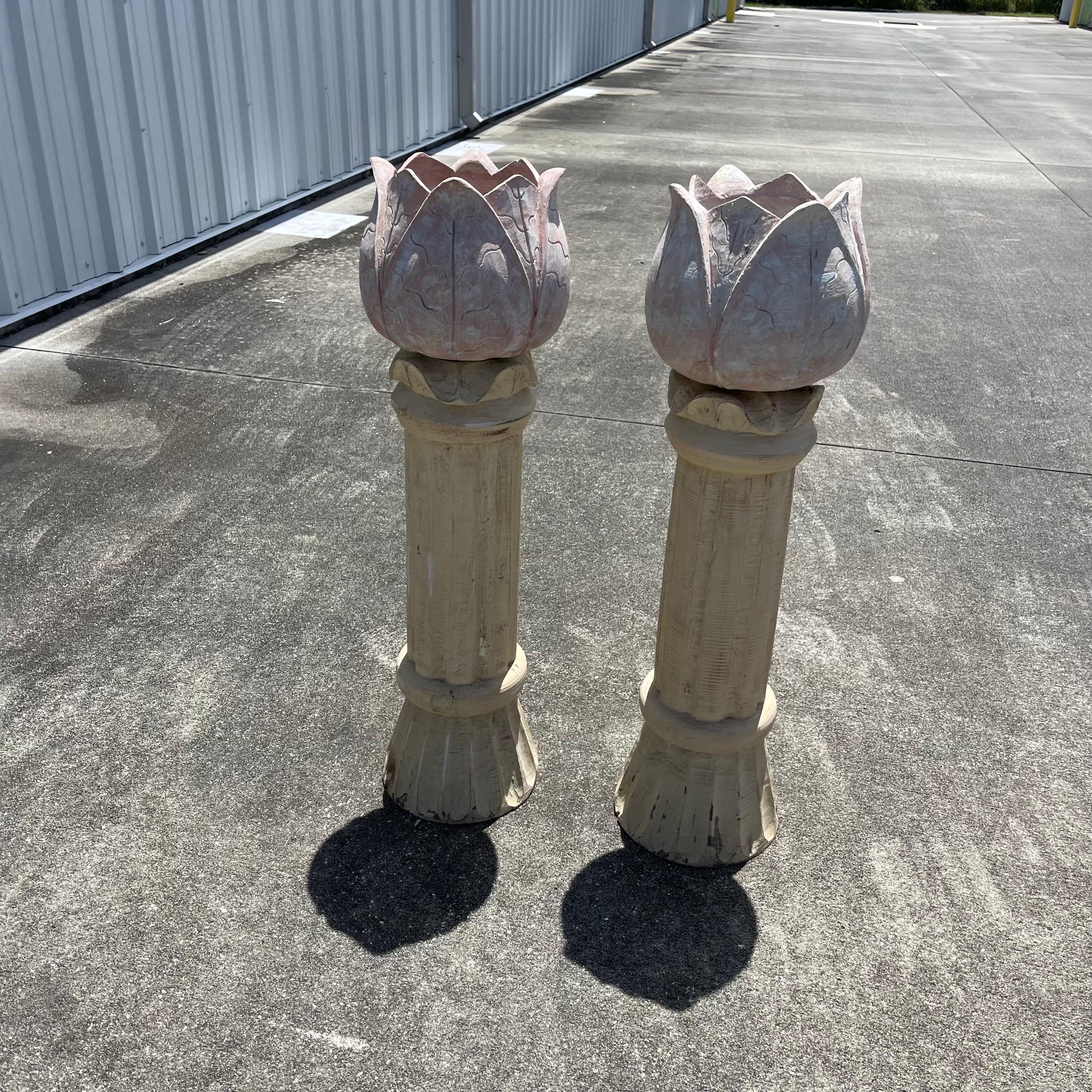 Hand Carved Folk Art Tulip Clematis Floral Flower Pot Planter Plant Stands, Pair For Sale 3