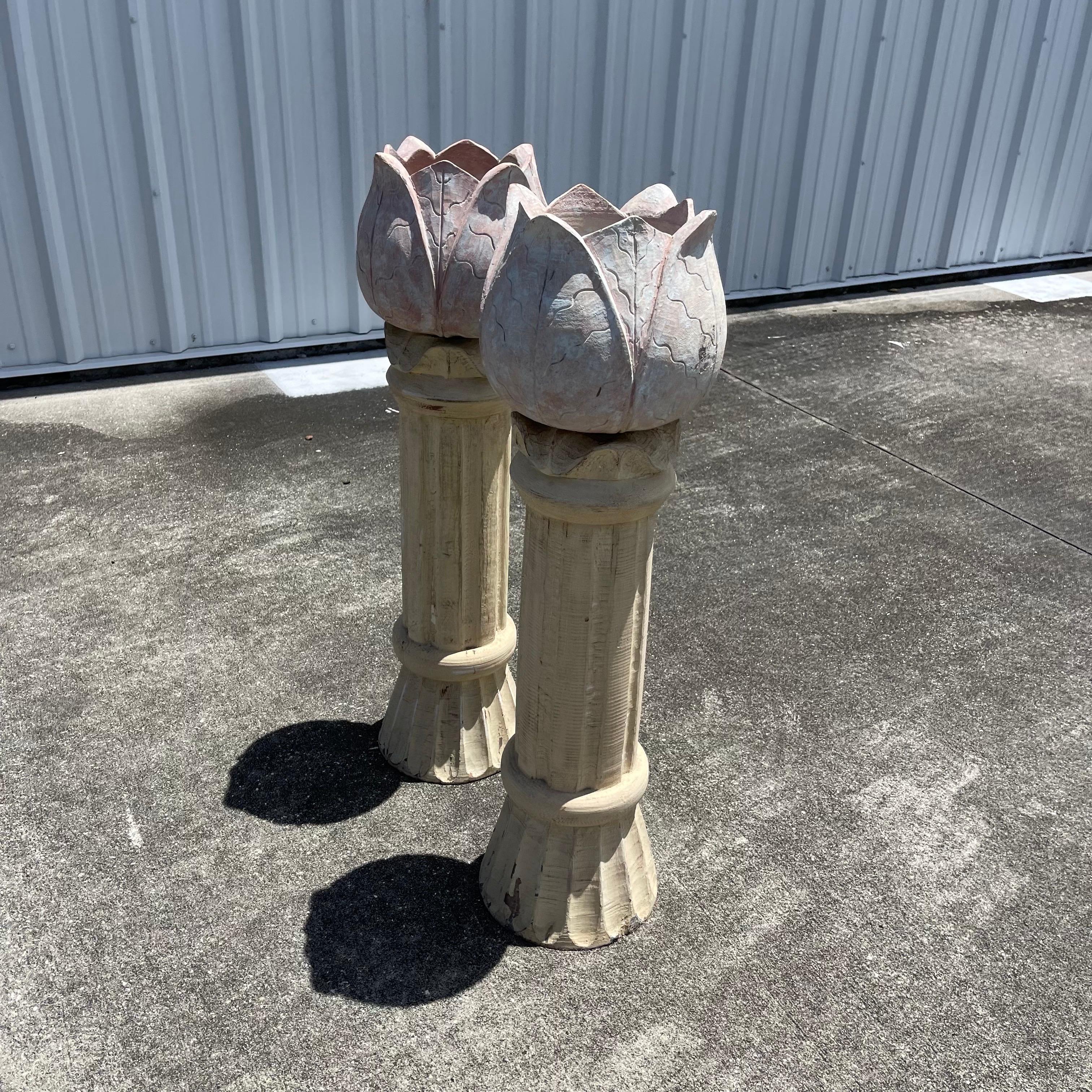 Hand Carved Folk Art Tulip Clematis Floral Flower Pot Planter Plant Stands, Pair For Sale 4