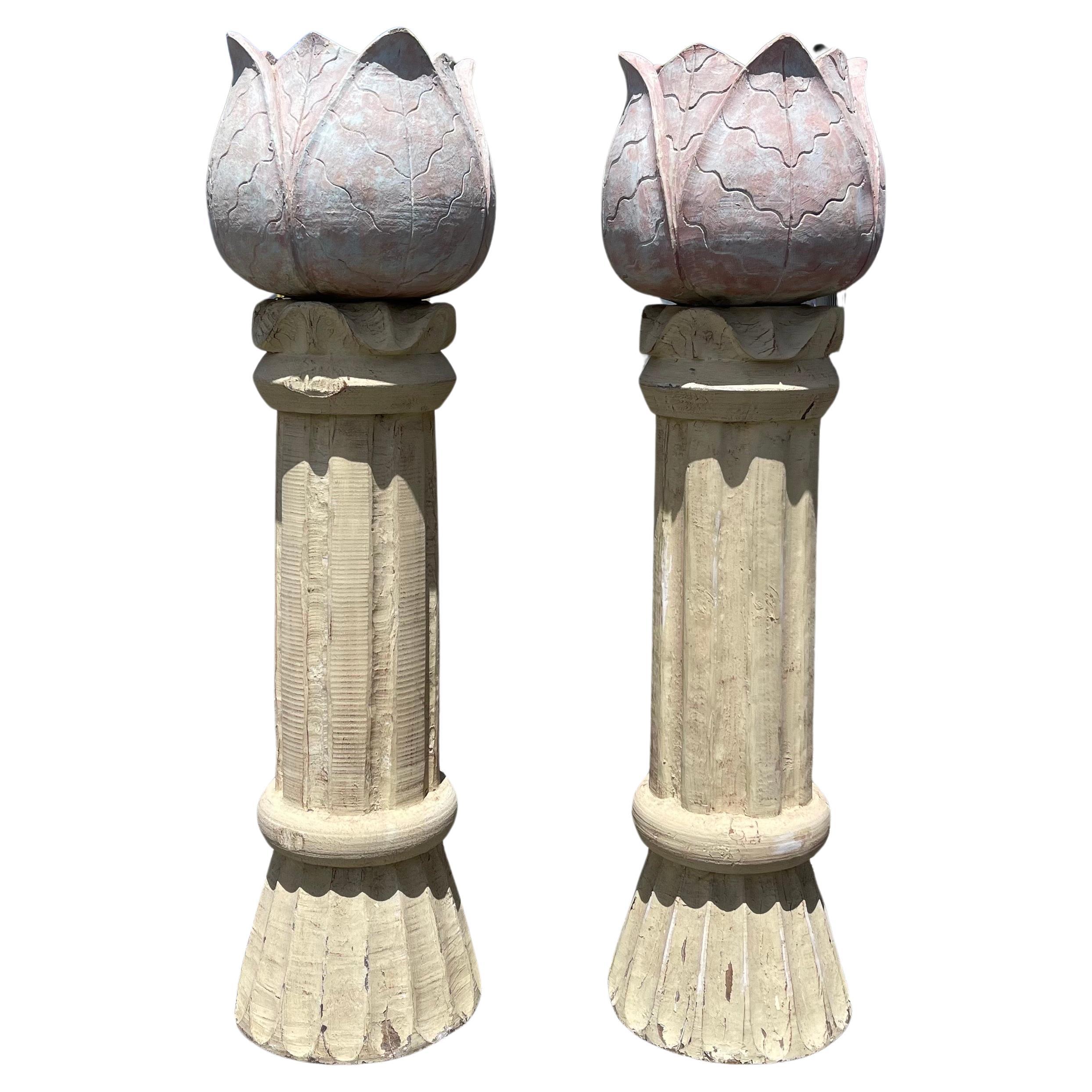 Hand Carved Folk Art Tulip Clematis Floral Flower Pot Planter Plant Stands, Pair For Sale
