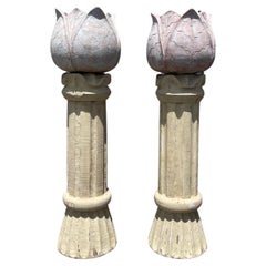 Hand Carved Folk Art Tulip Clematis Floral Flower Pot Planter Plant Stands, Pair