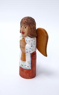 Hand Carved Folk Art Willow Wood Angel Figurative Sculpture Poland C.1950