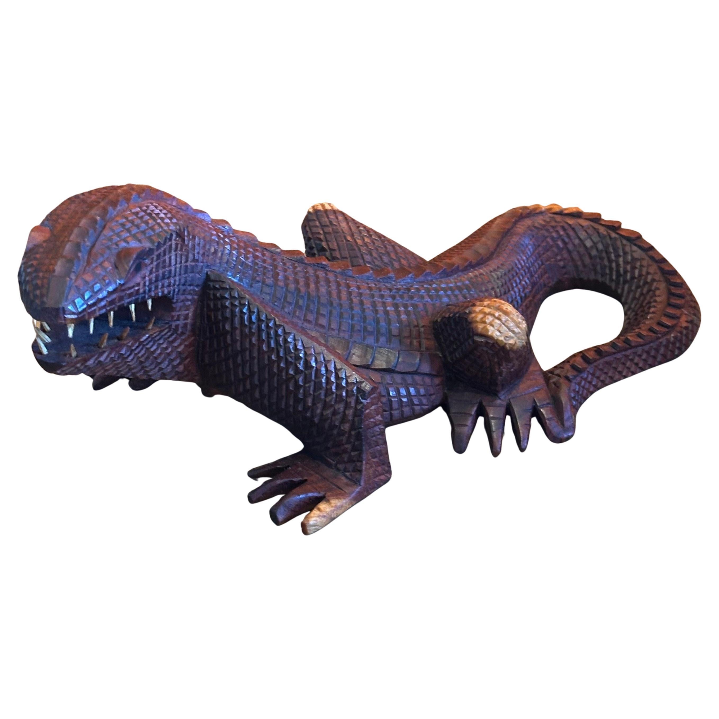 Hand Carved Folk Art Wooden Crocodile Sculpture with Geometric Scales