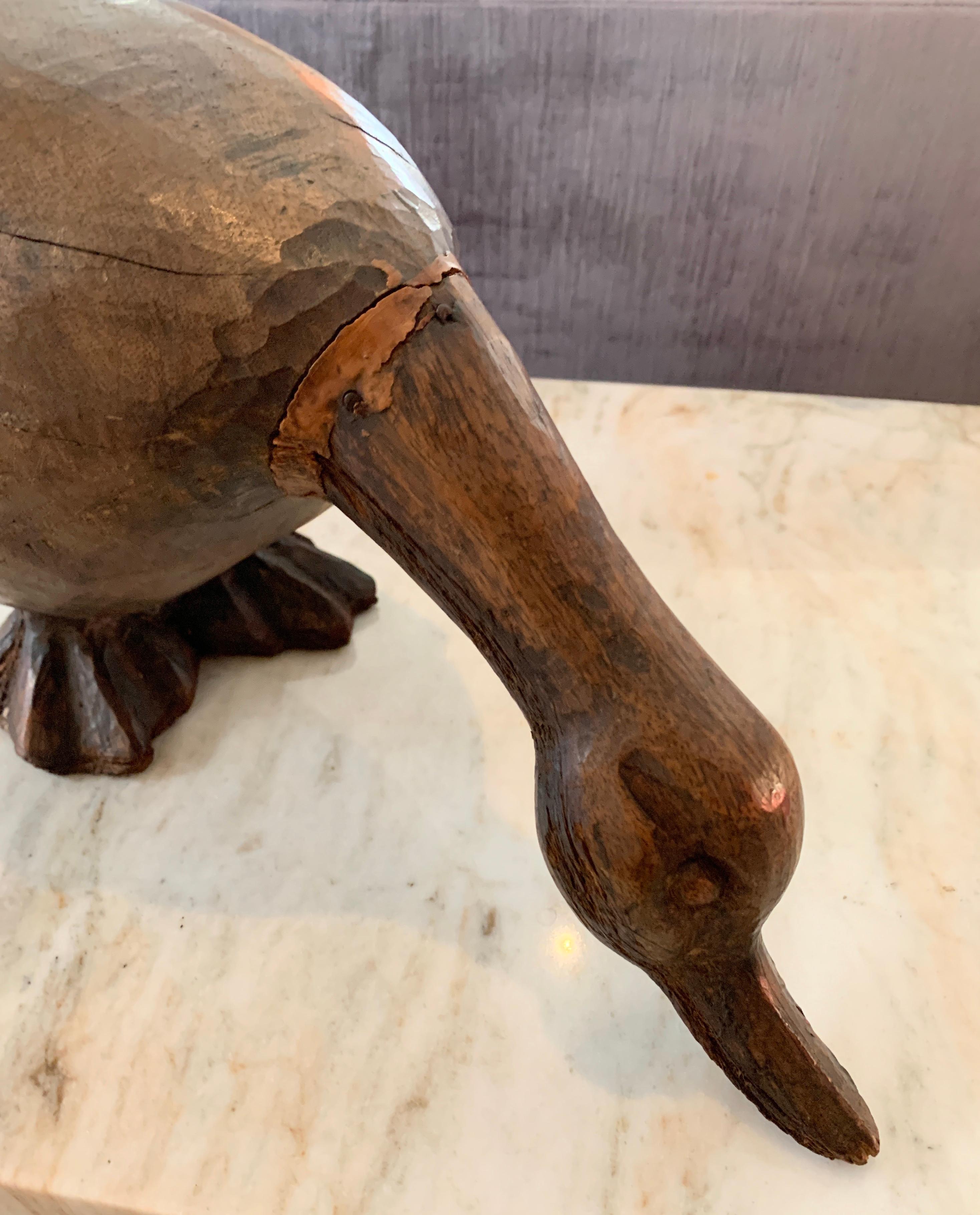 20th Century Hand Carved Folk Art Wooden Duck For Sale