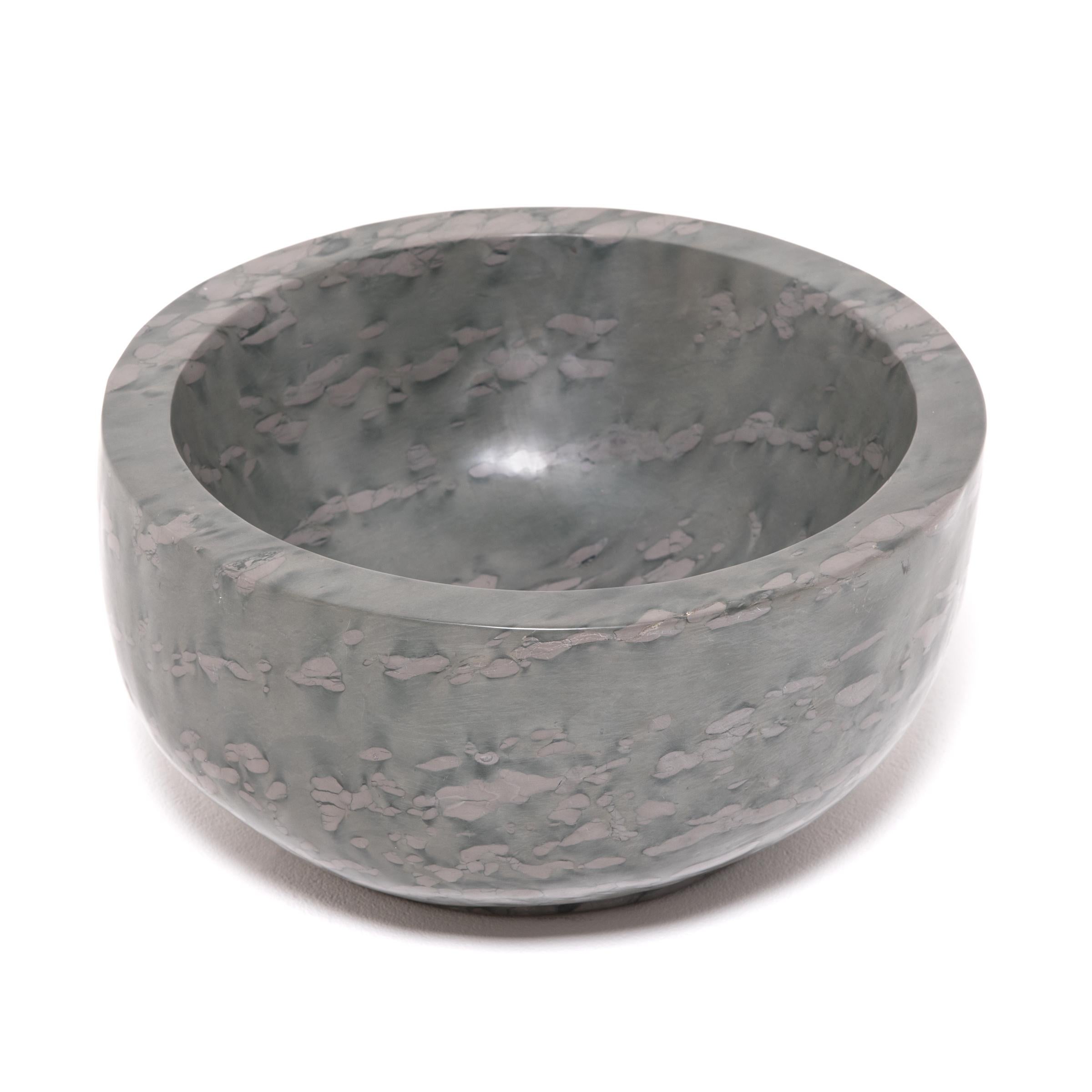 Minimalist Hand Carved Footed Zhenzhu Stone Basin For Sale