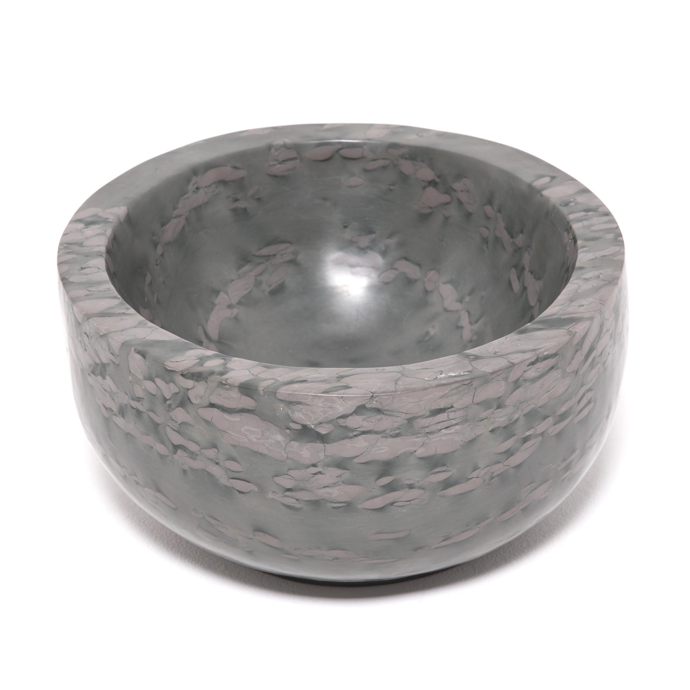 Polished Hand Carved Footed Zhenzhu Stone Basin For Sale