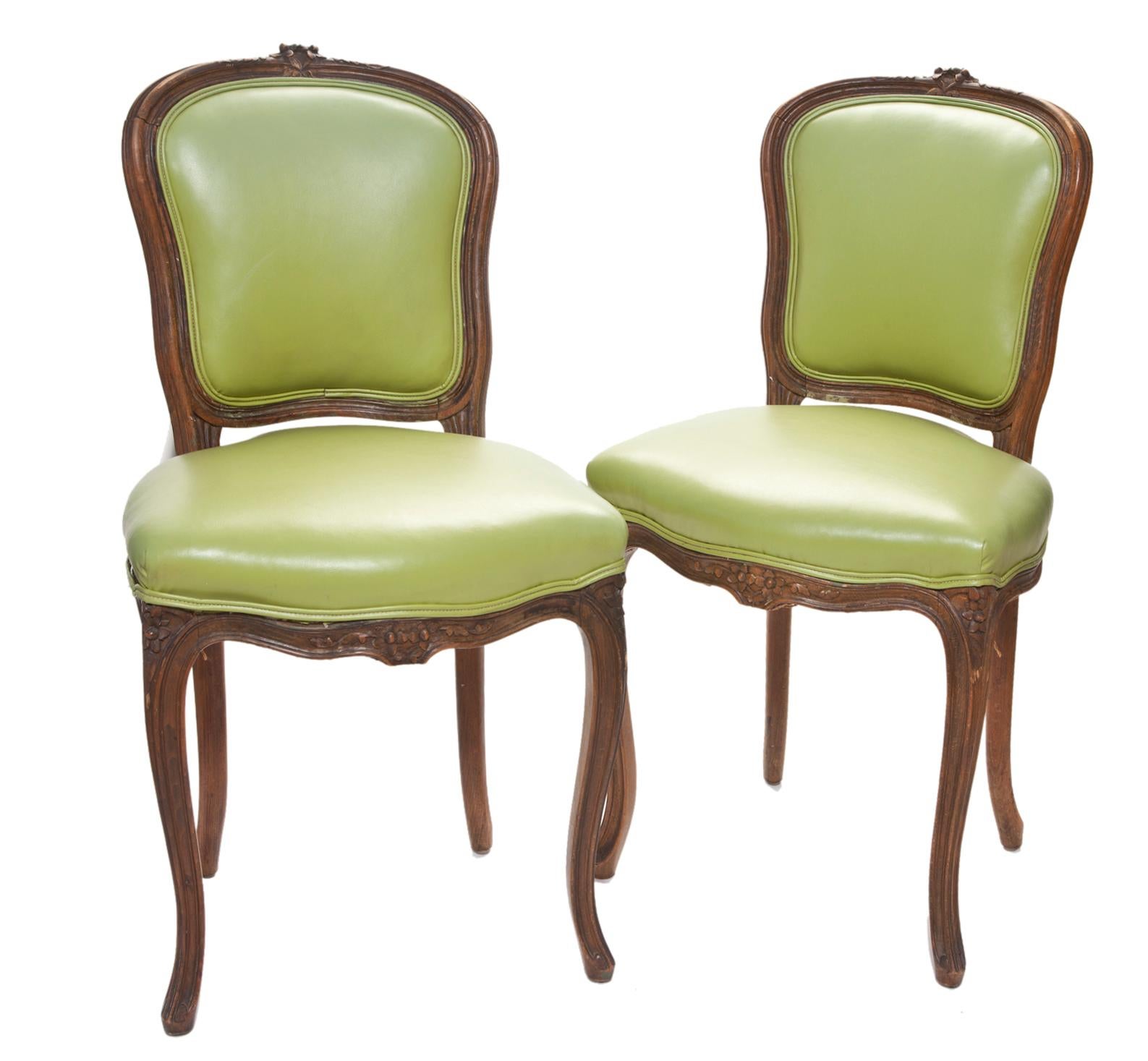 French Provincial Hand Carved French Dining Chairs/Chartreuse Vinyl Upholstery - Set/4