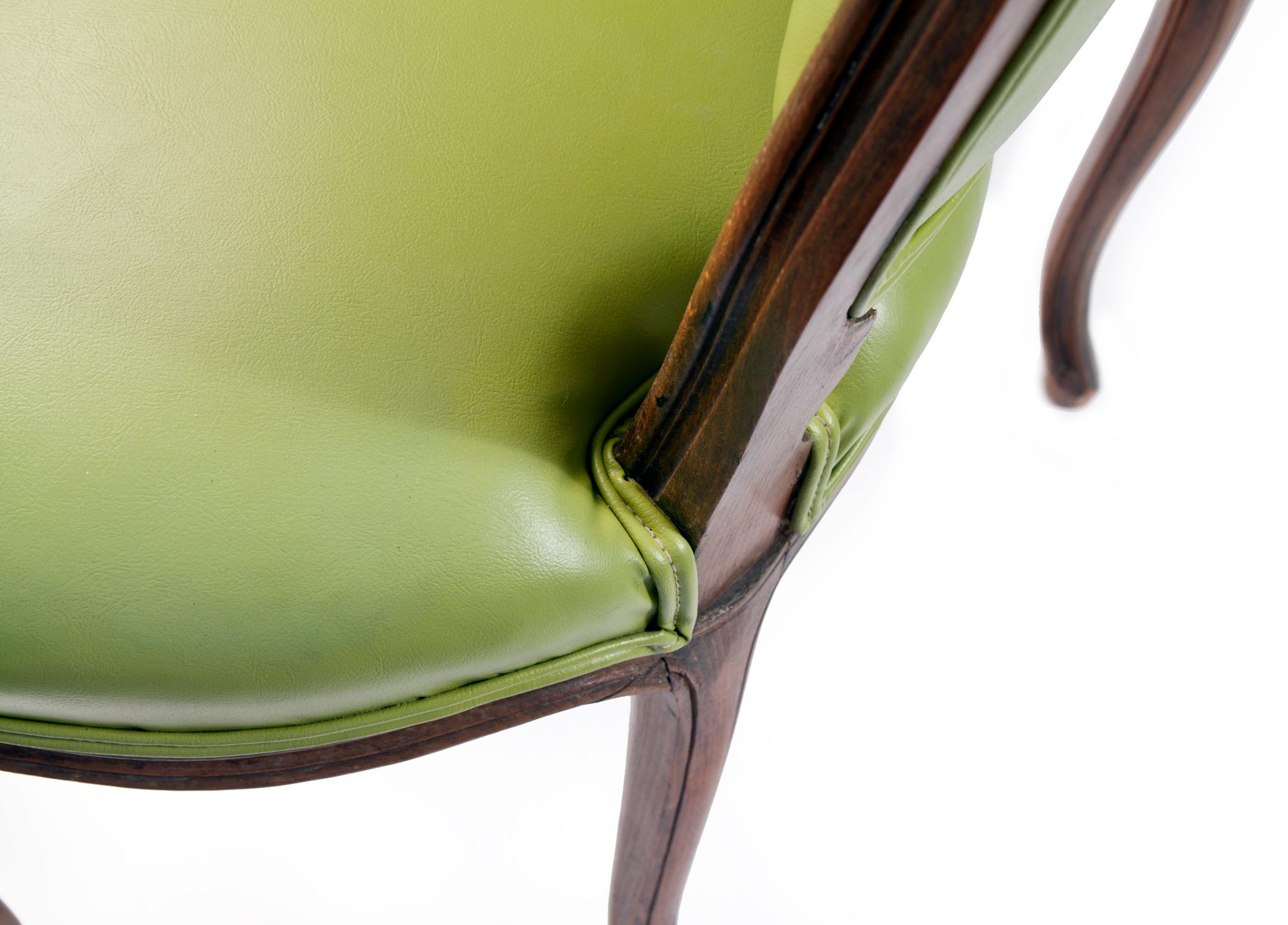 Hand Carved French Dining Chairs/Chartreuse Vinyl Upholstery - Set/4 In Good Condition In Malibu, CA