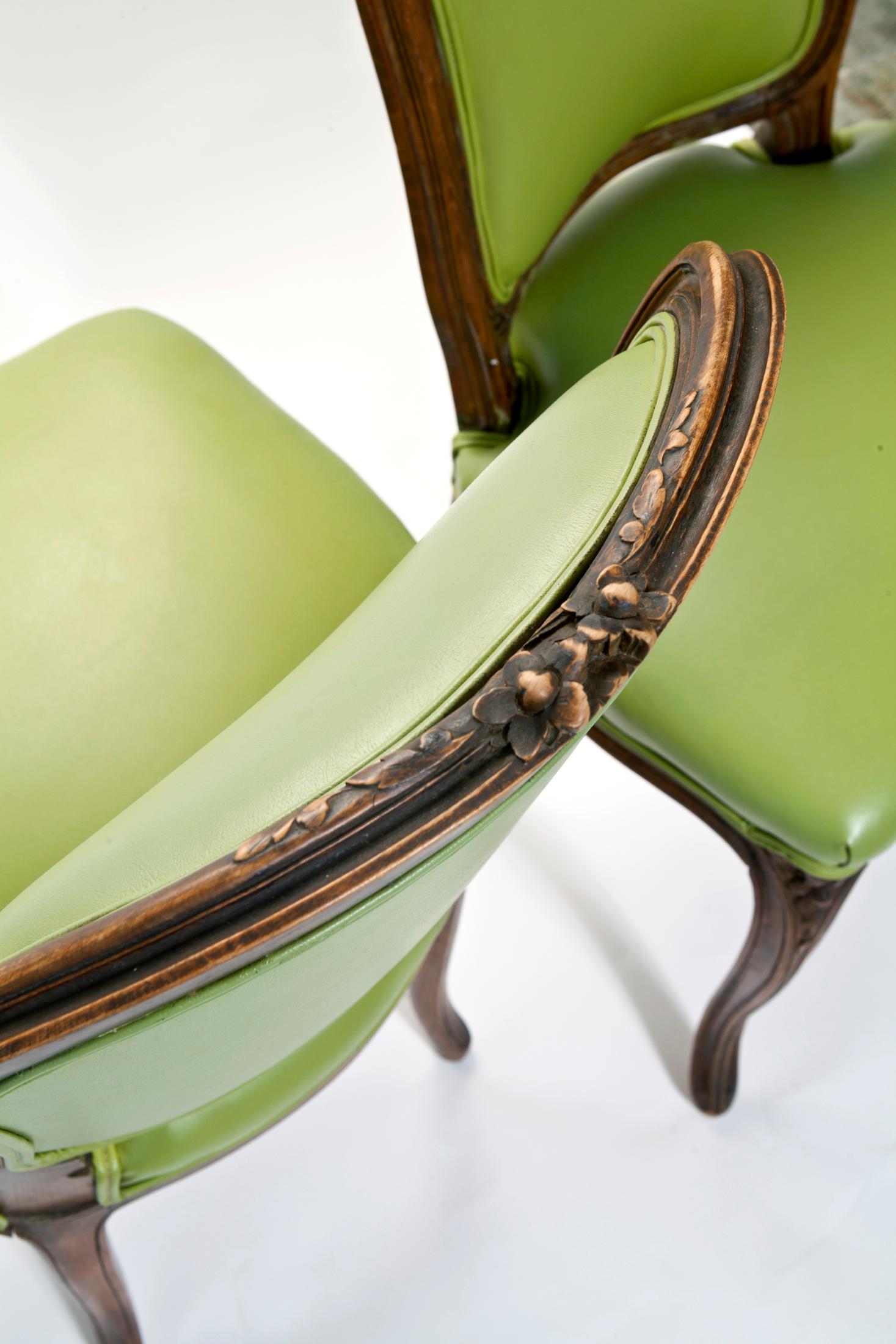 20th Century Hand Carved French Dining Chairs/Chartreuse Vinyl Upholstery - Set/4