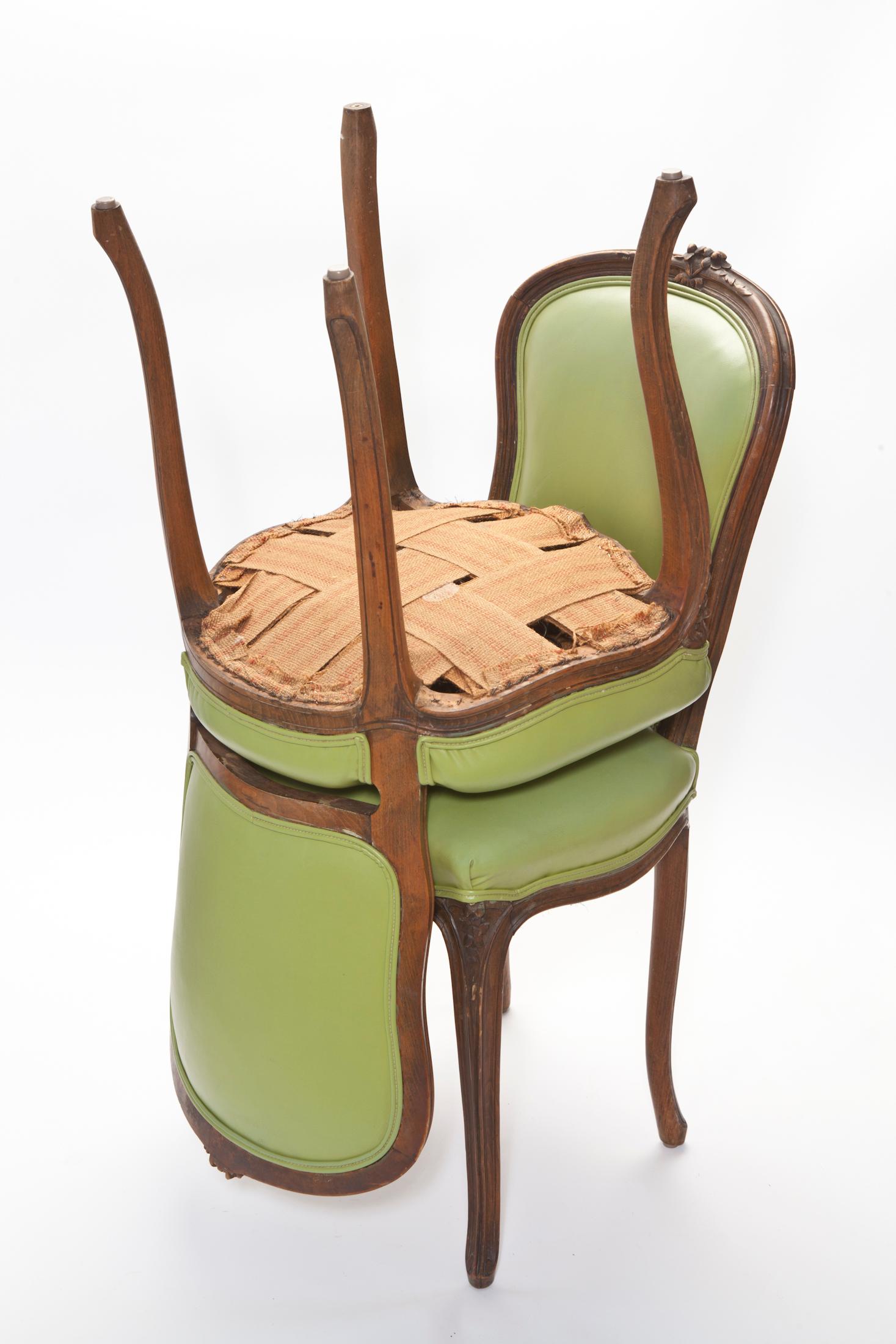 Faux Leather Hand Carved French Dining Chairs/Chartreuse Vinyl Upholstery - Set/4