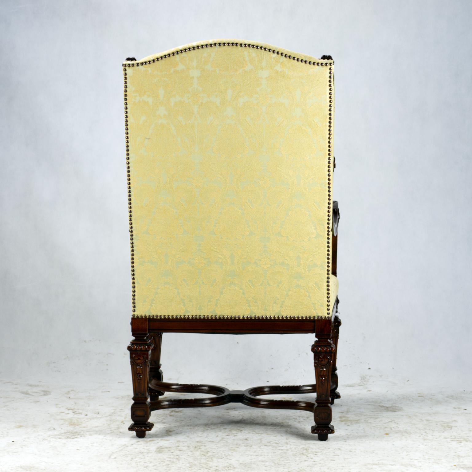 Fully Restored Hand Carved French Louis XIV Walnut Wingback Armchair, 1800s For Sale 5