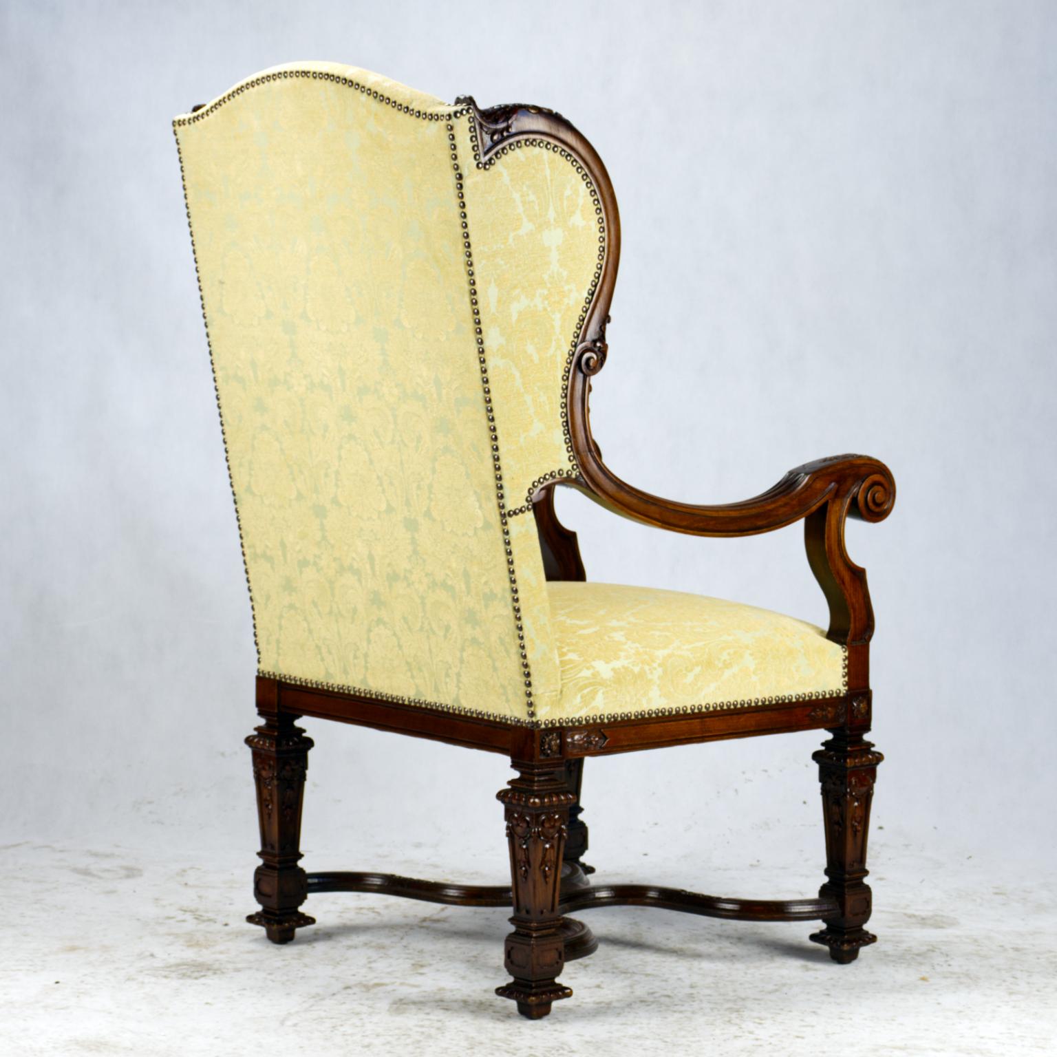 Fully Restored Hand Carved French Louis XIV Walnut Wingback Armchair, 1800s For Sale 6