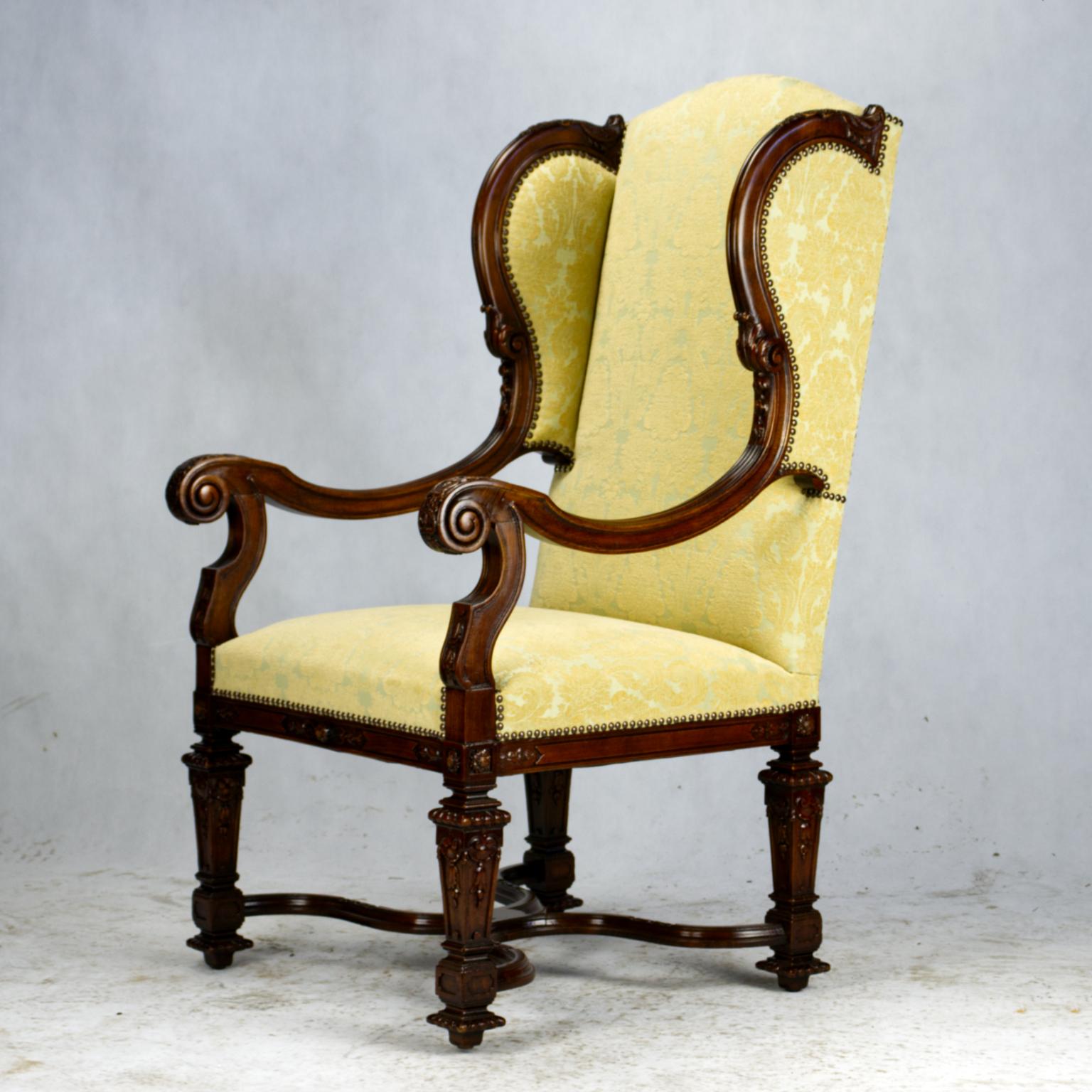19th Century Fully Restored Hand Carved French Louis XIV Walnut Wingback Armchair, 1800s For Sale