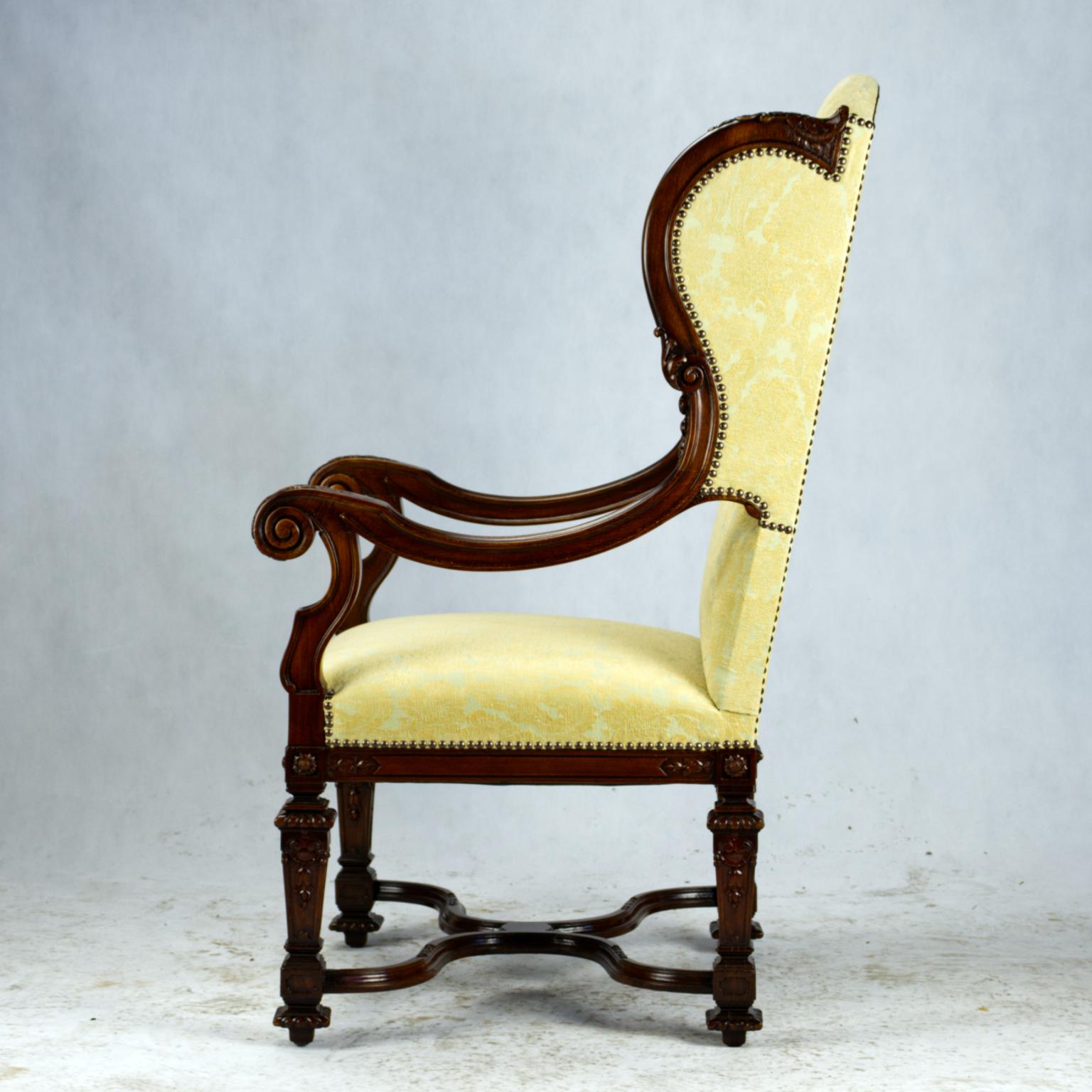 Upholstery Fully Restored Hand Carved French Louis XIV Walnut Wingback Armchair, 1800s For Sale