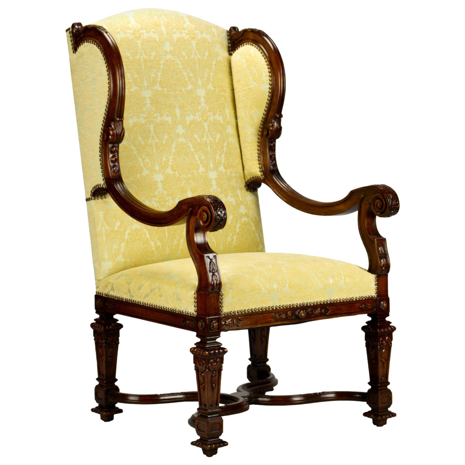 Fully Restored Hand Carved French Louis XIV Walnut Wingback Armchair, 1800s For Sale