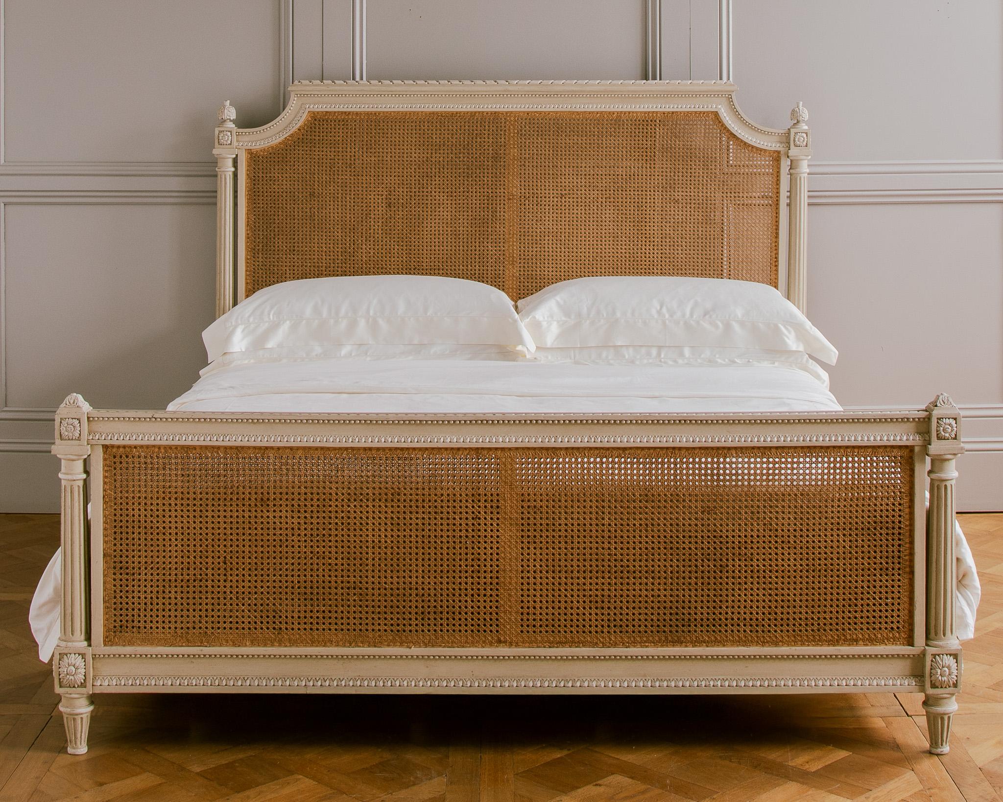 Hand-Painted Bergère Bed: US King, Hand Carved in the Louis XVI Style by La Maison London For Sale