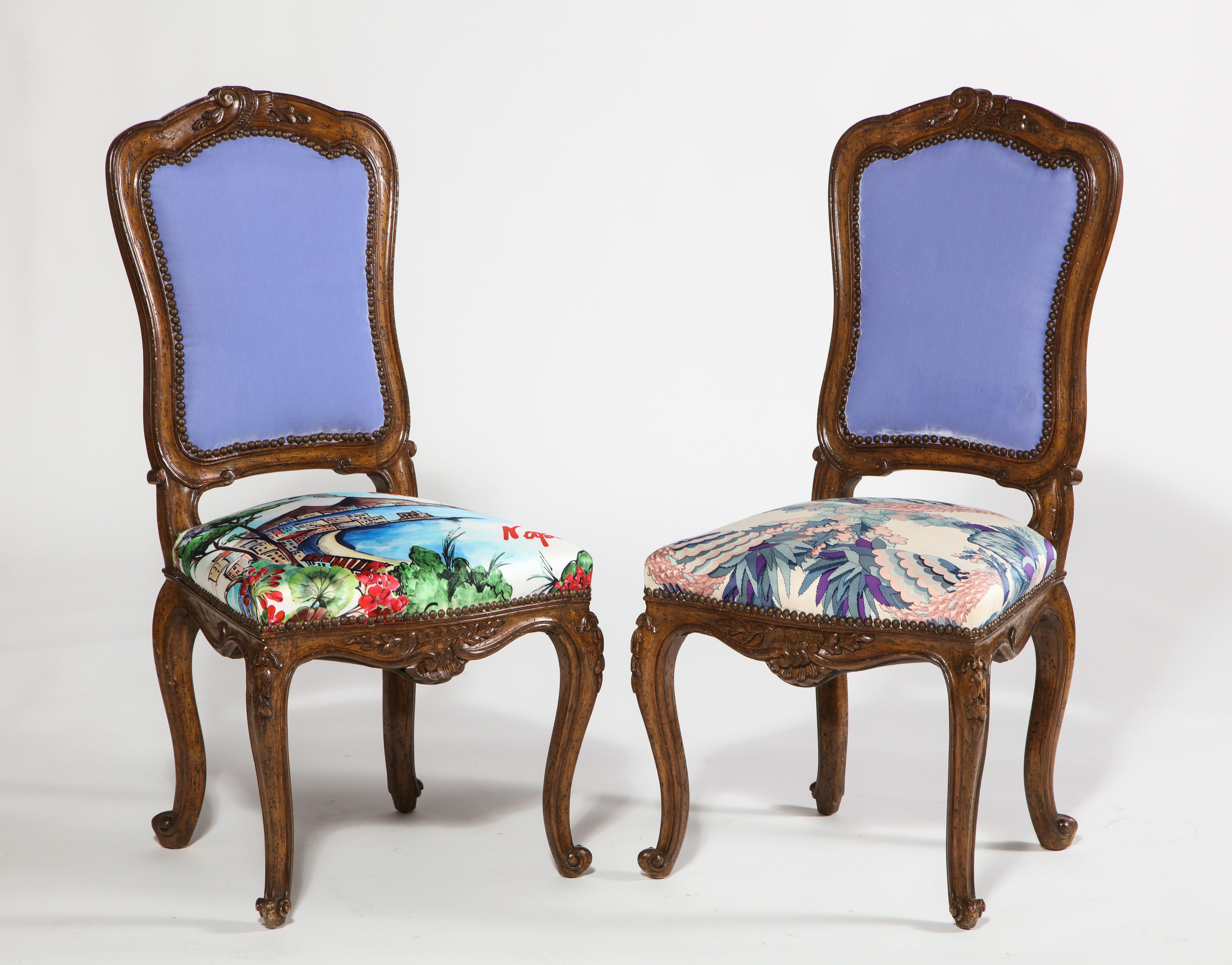 Hand Carved French Side Chairs with Tanzanite Velvet Backs & Silk Scarf Seats For Sale 5