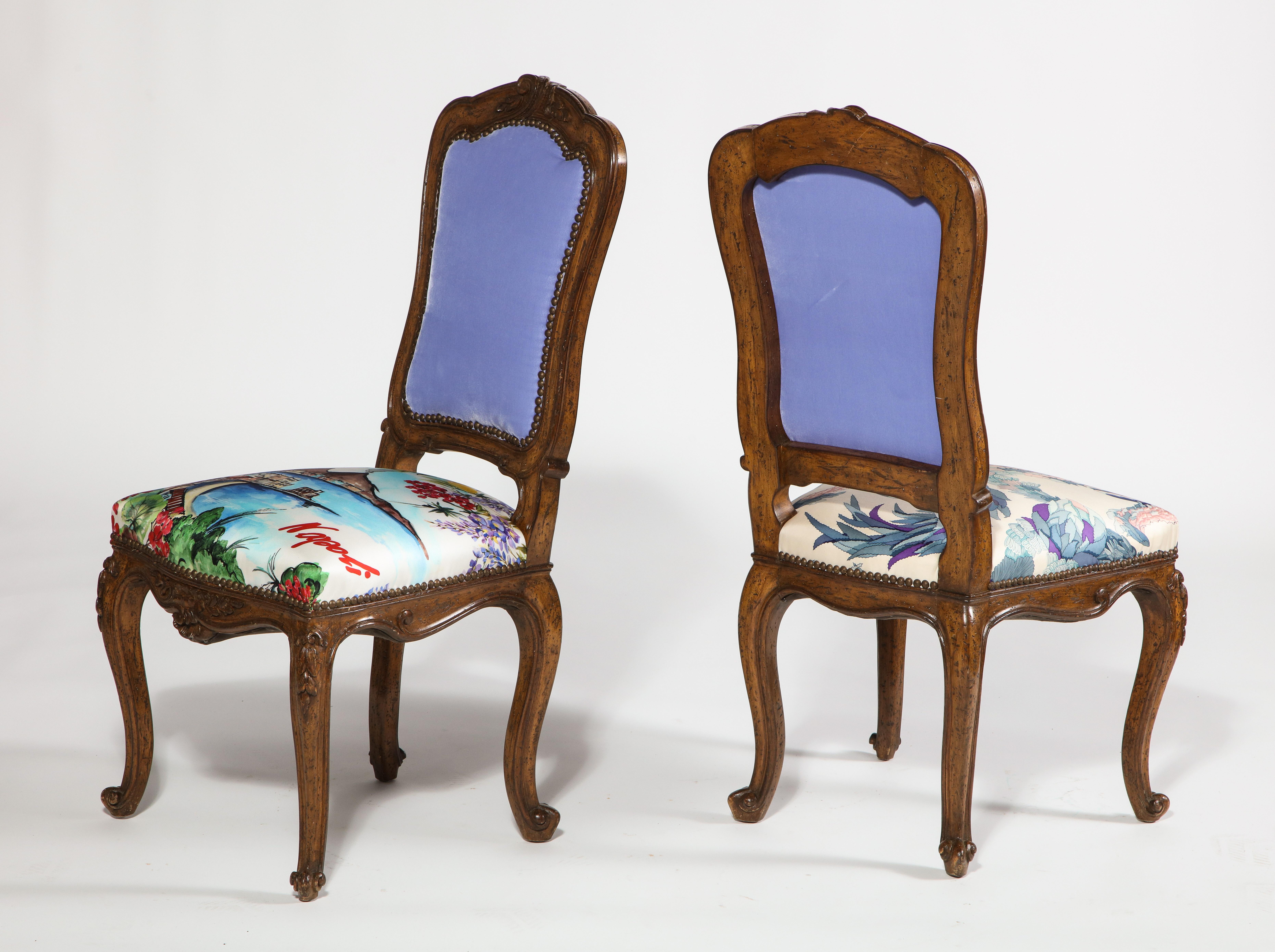 Hand Carved French Side Chairs with Tanzanite Velvet Backs & Silk Scarf Seats For Sale 7