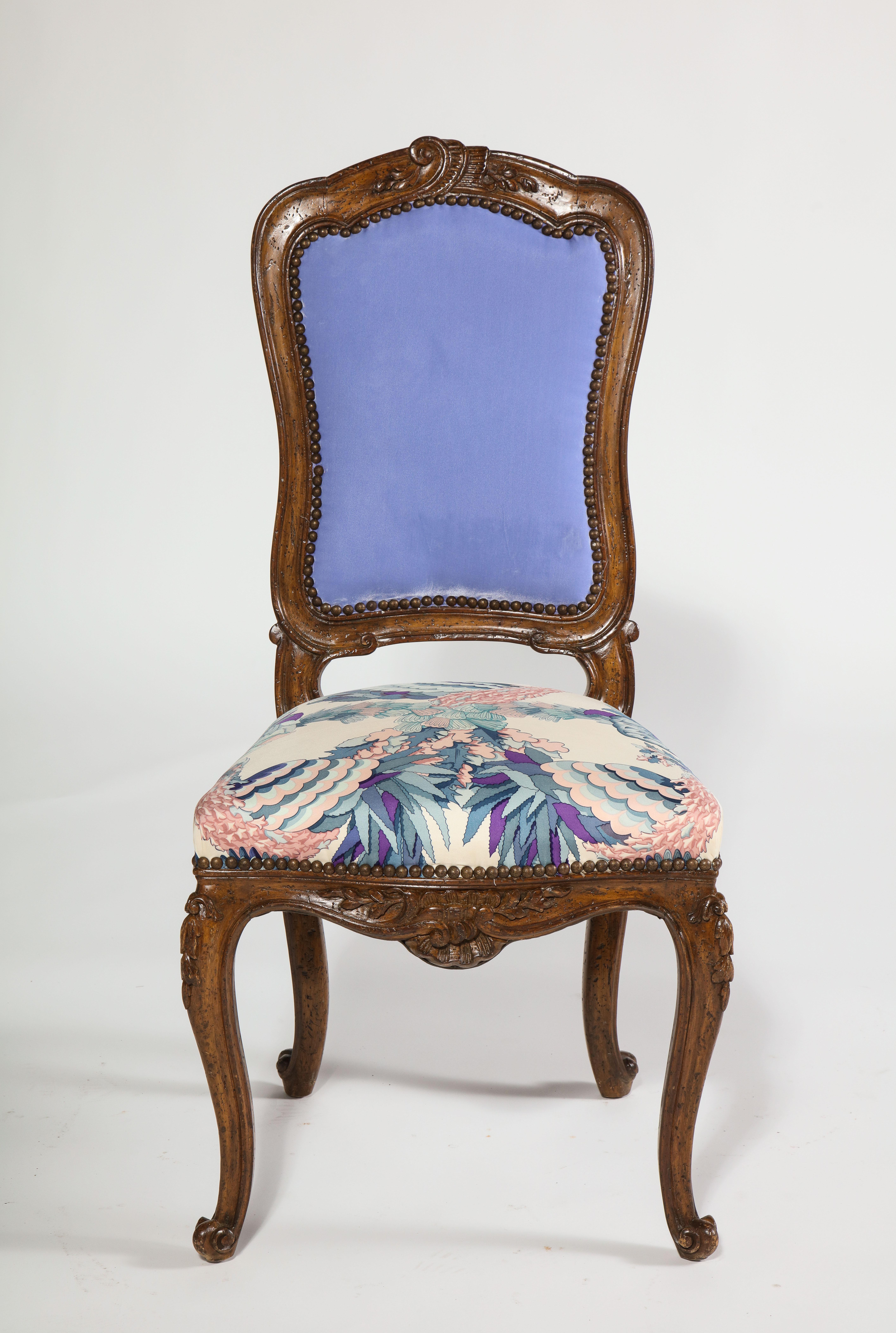 Hand Carved French Side Chairs with Tanzanite Velvet Backs & Silk Scarf Seats For Sale 13