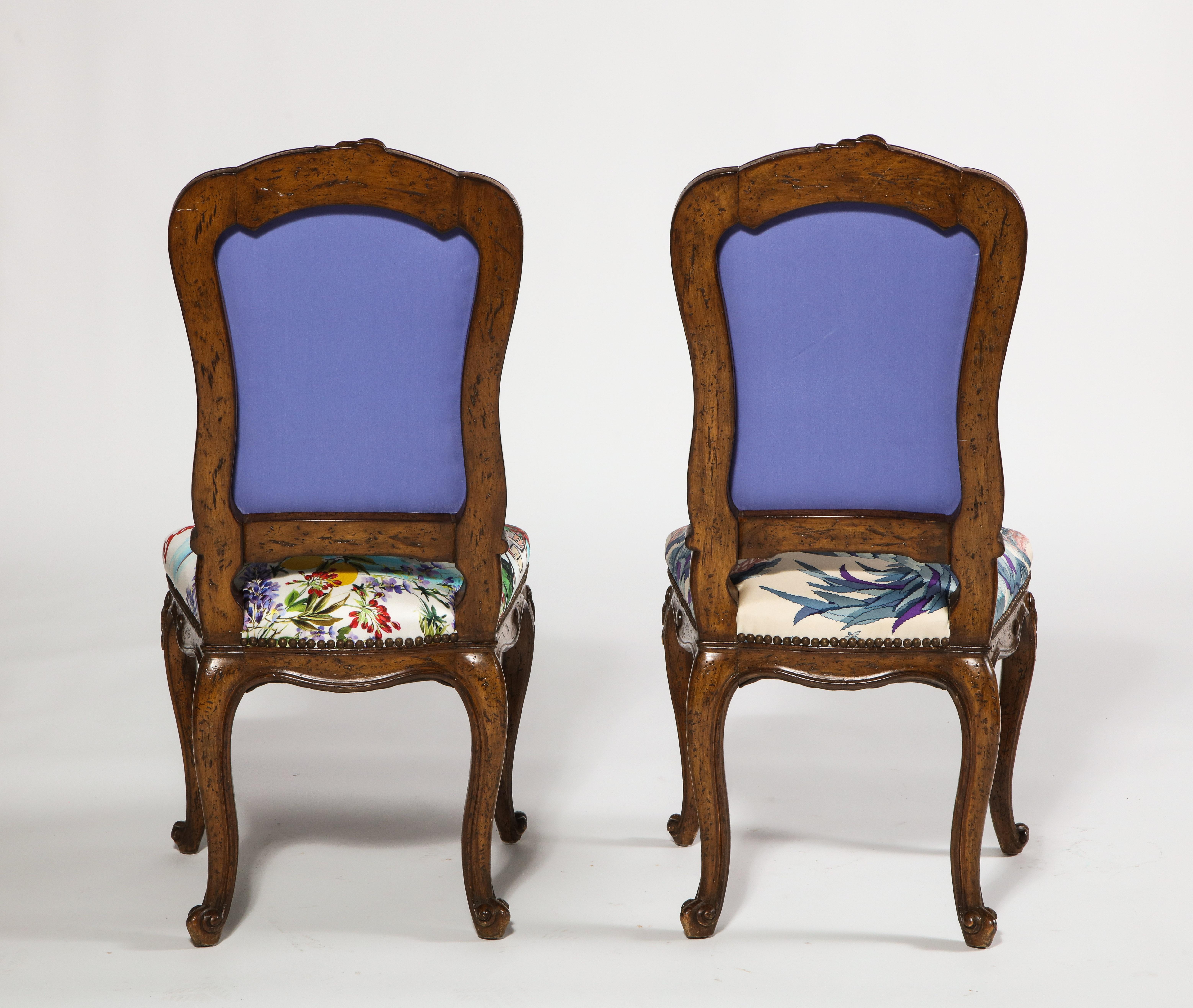 Hand Carved French Side Chairs with Tanzanite Velvet Backs & Silk Scarf Seats For Sale 3