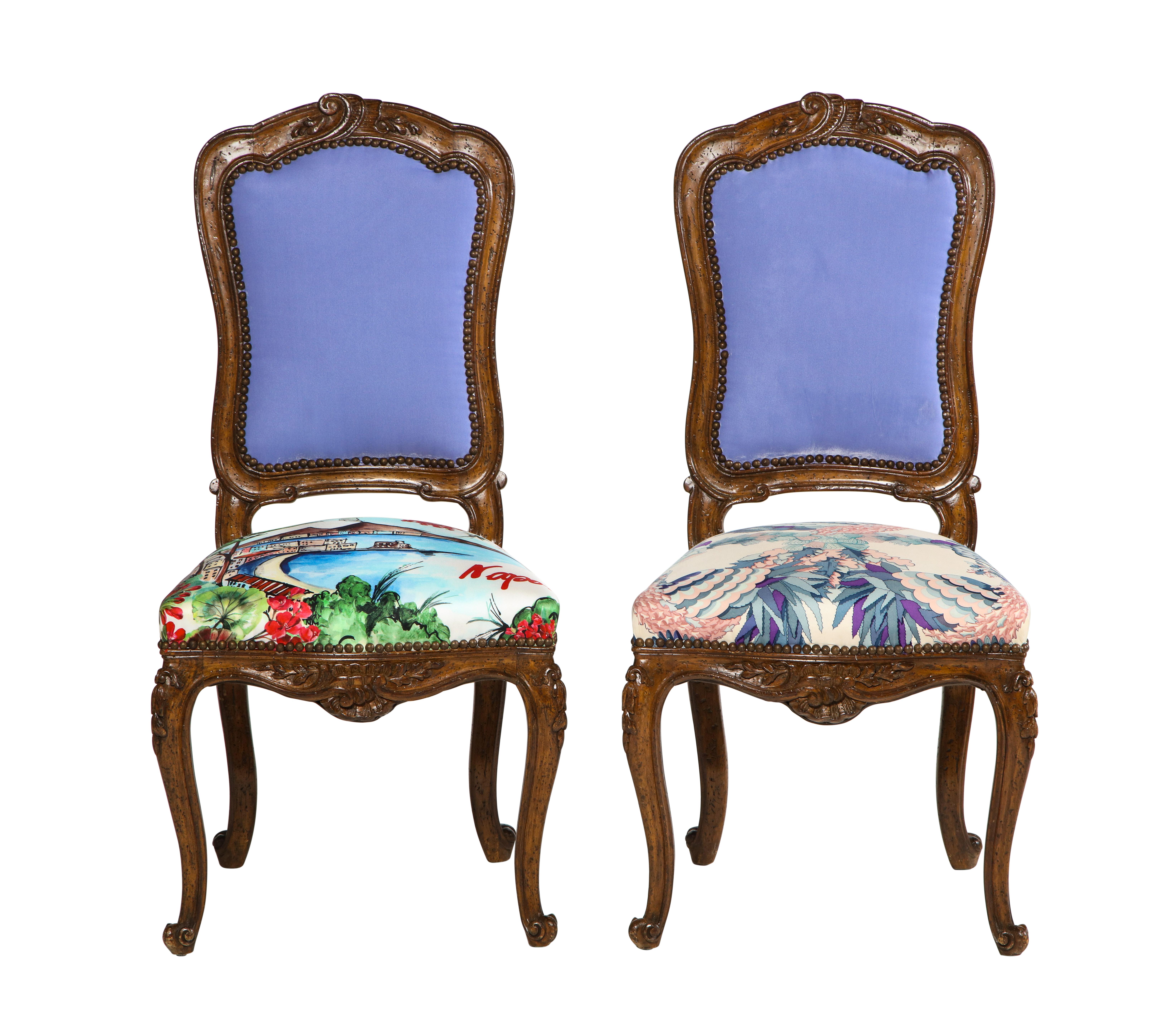 Hand Carved French Side Chairs with Tanzanite Velvet Backs & Silk Scarf Seats For Sale 4