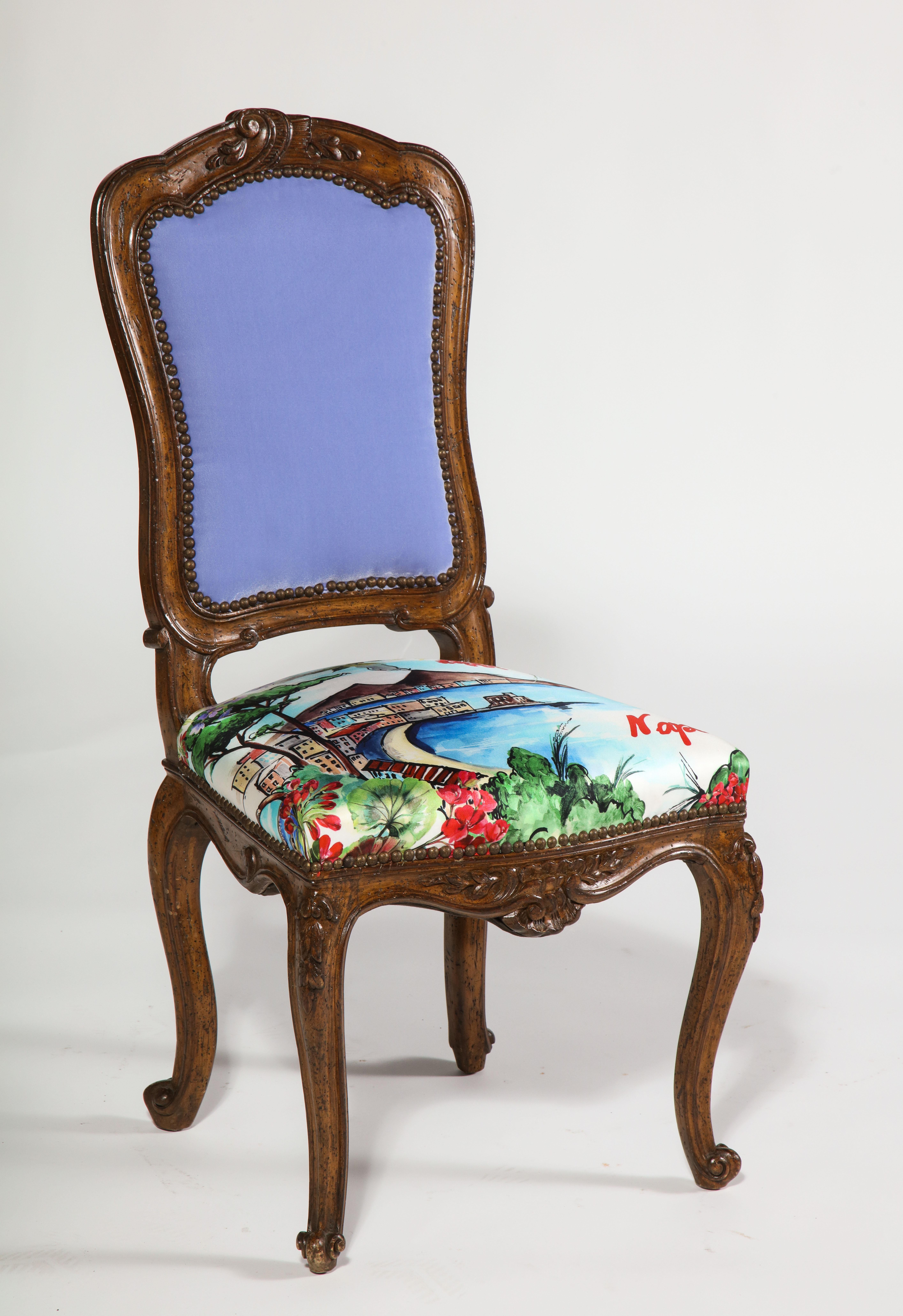 Hand-Carved Hand Carved French Side Chairs with Tanzanite Velvet Backs & Silk Scarf Seats For Sale