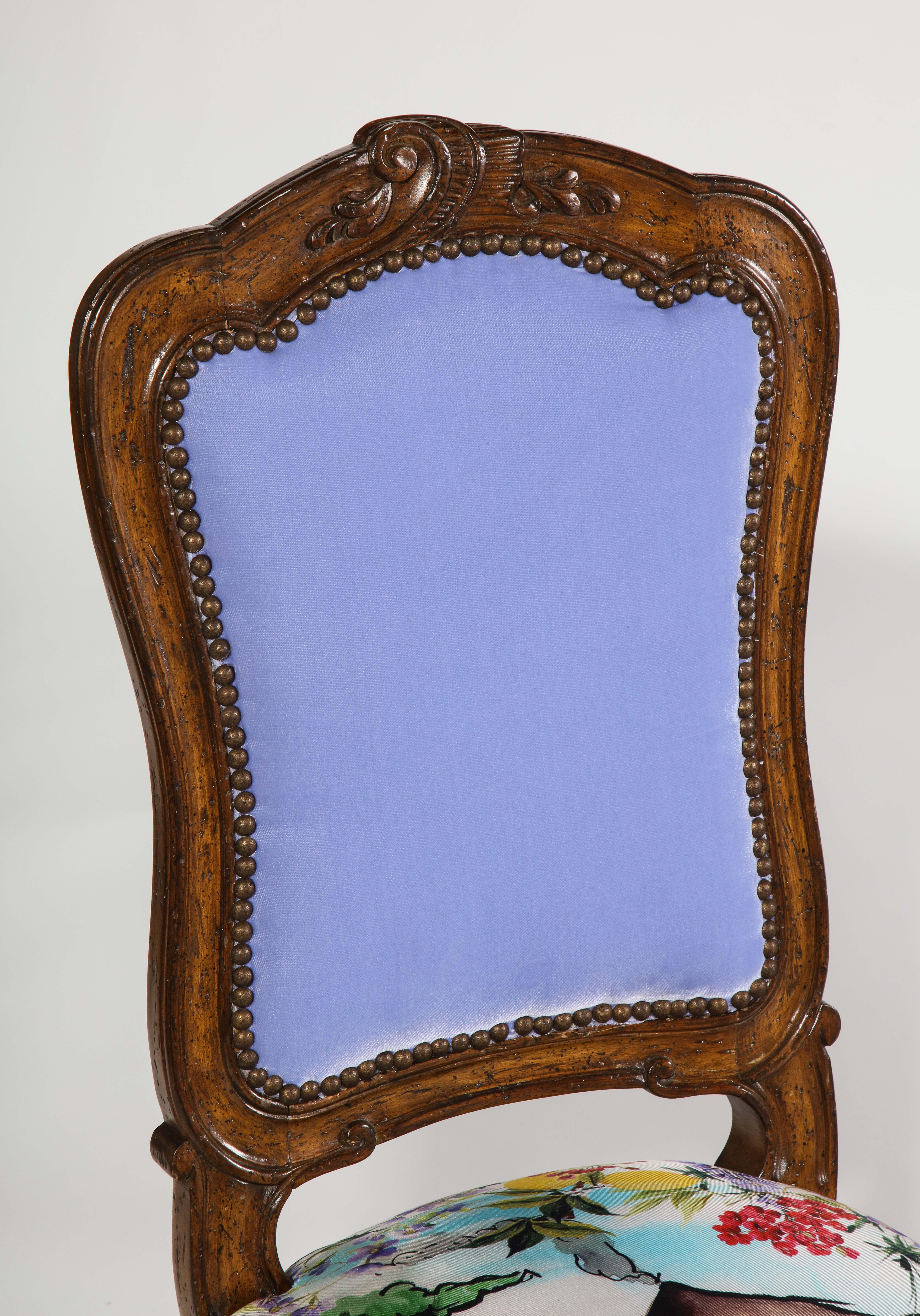 19th Century Hand Carved French Side Chairs with Tanzanite Velvet Backs & Silk Scarf Seats For Sale