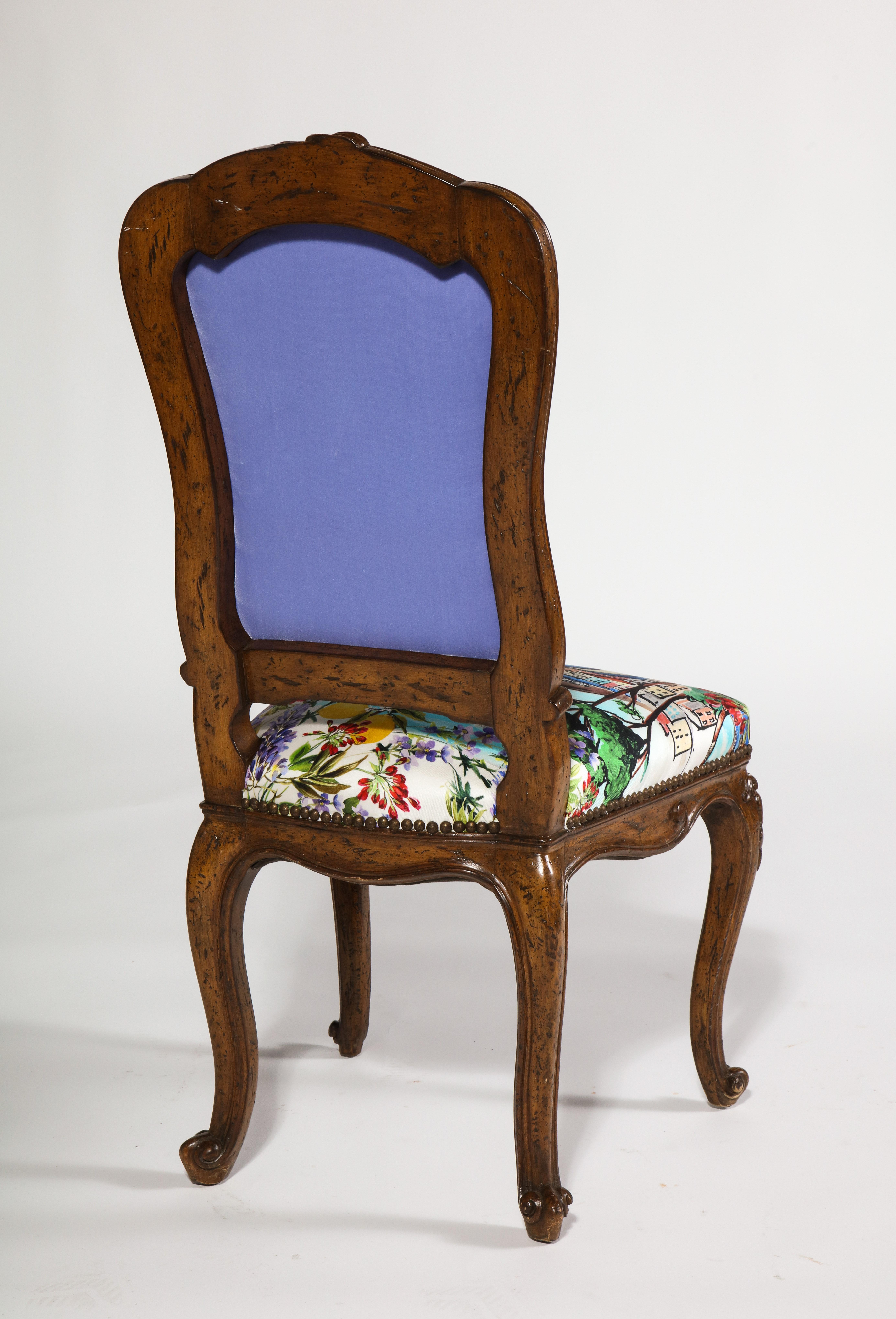 Hand Carved French Side Chairs with Tanzanite Velvet Backs & Silk Scarf Seats For Sale 1