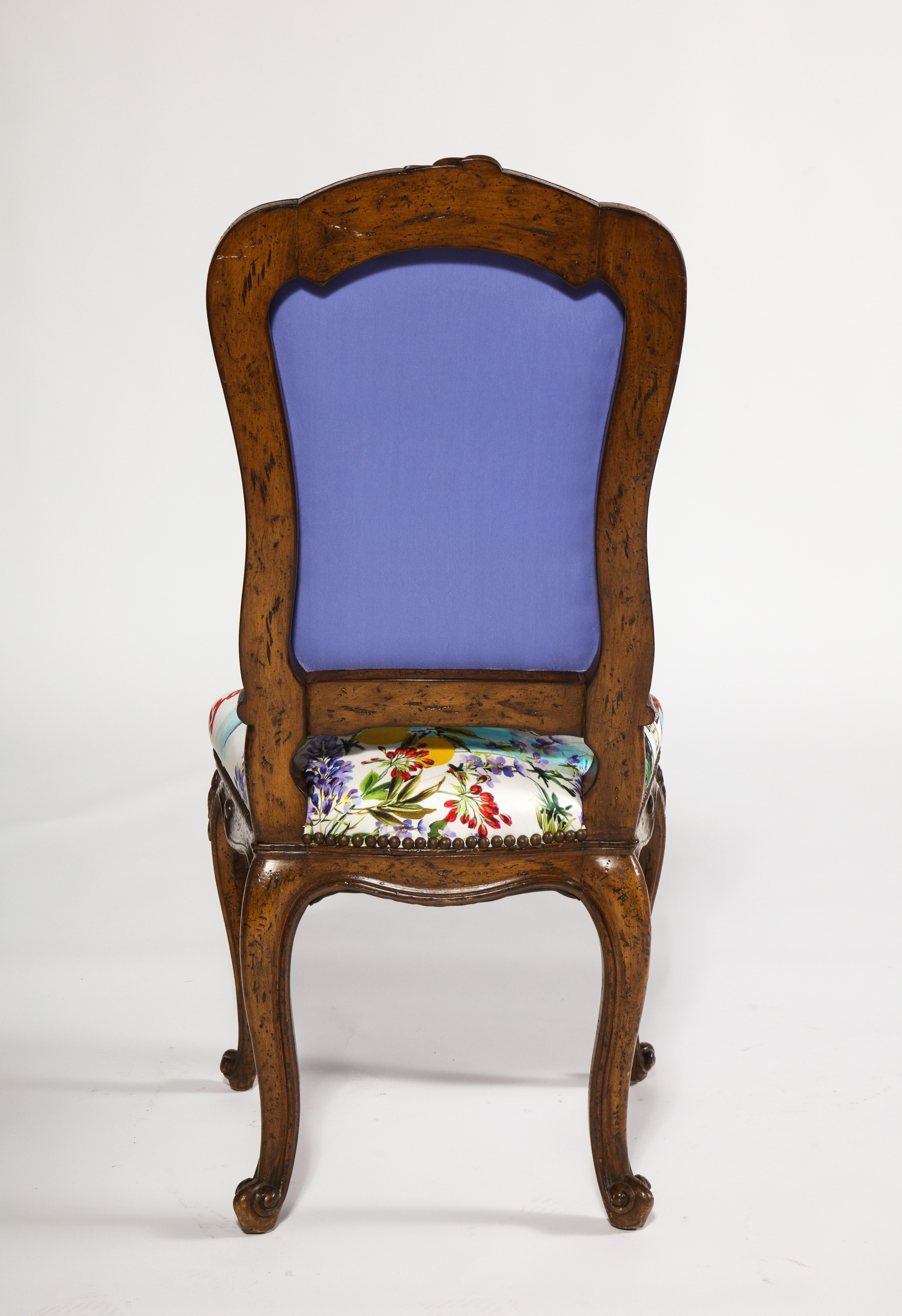 Hand Carved French Side Chairs with Tanzanite Velvet Backs & Silk Scarf Seats For Sale 2