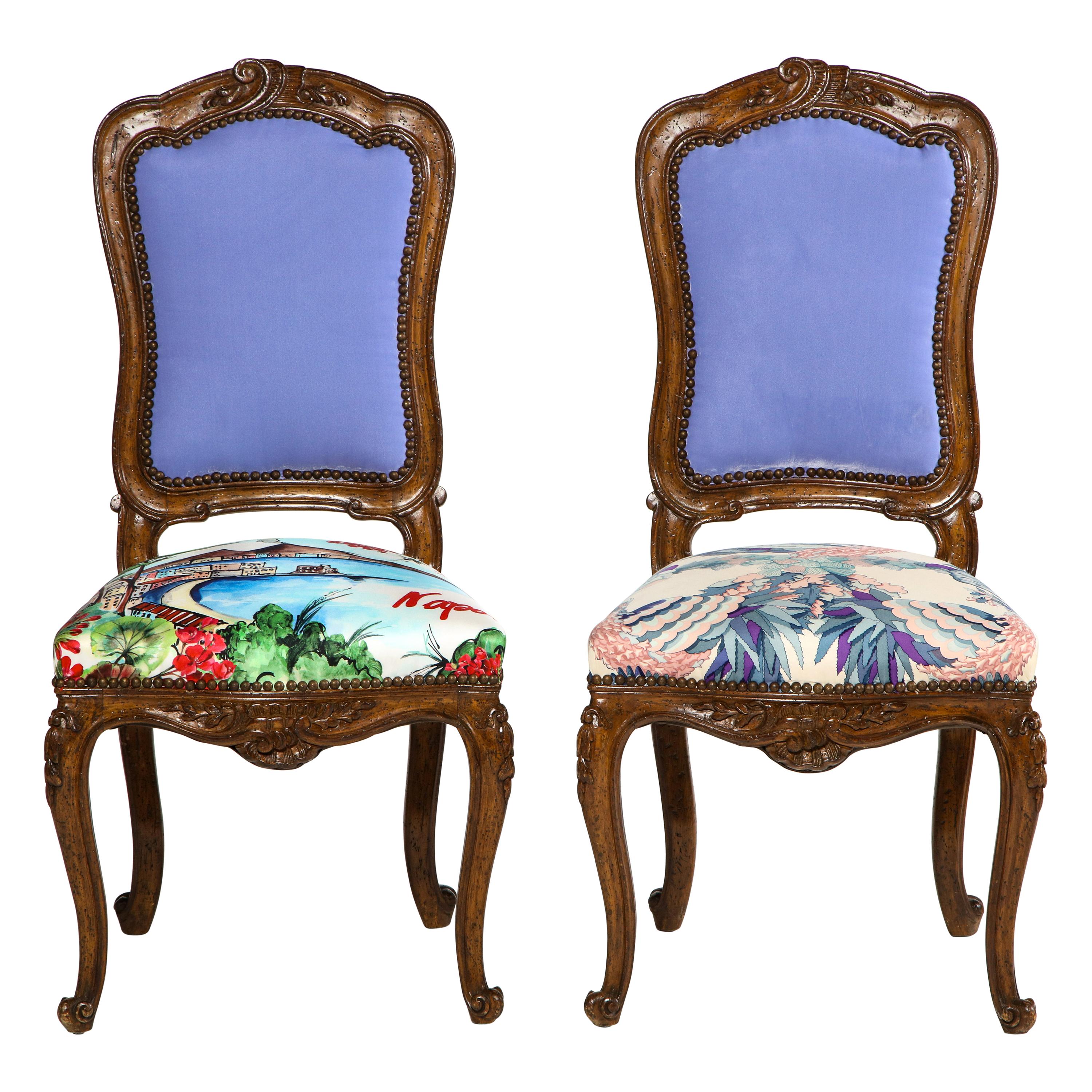 Hand Carved French Side Chairs with Tanzanite Velvet Backs & Silk Scarf Seats For Sale