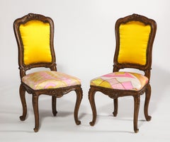 Hand Carved French Side Chairs, Yellow Backs & Graphic Silk Seats, Pair