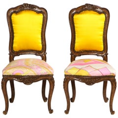 Antique Hand Carved French Side Chairs, Yellow Backs & Graphic Silk Seats, Pair