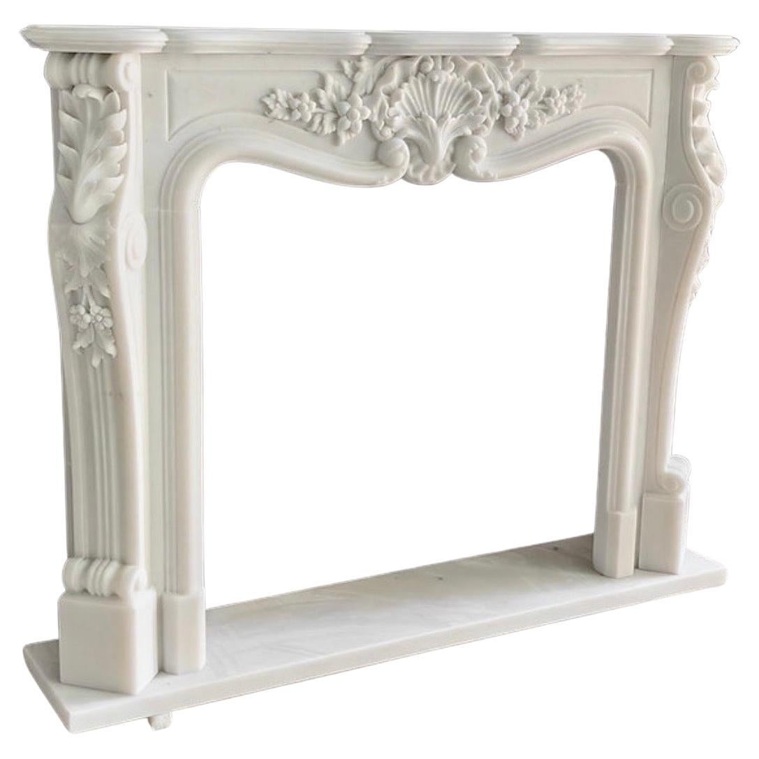 European Hand-Carved French Style Marble Fireplace Mantel – 20th Century Elegance For Sale