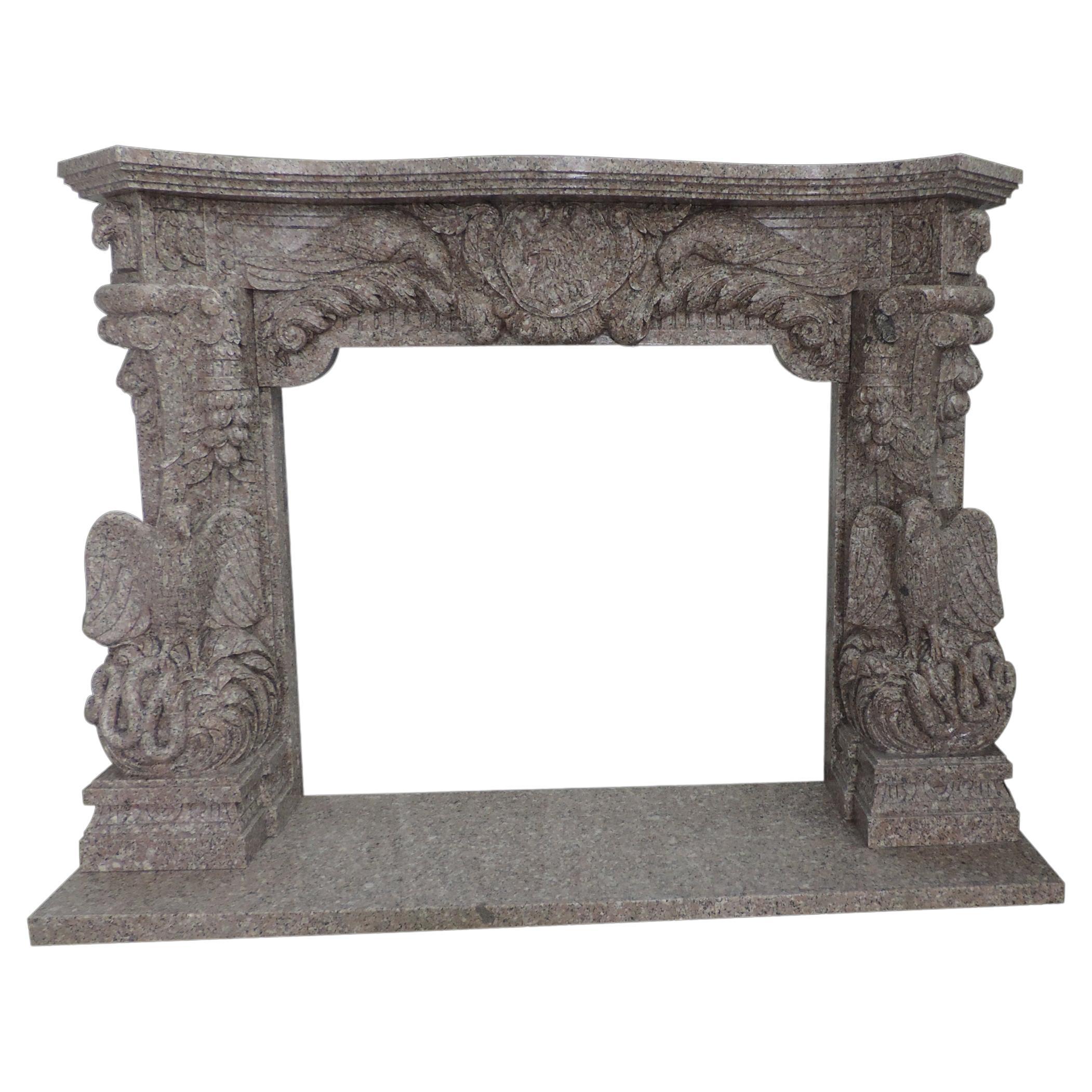 Hand Carved French Style Ornate Granite Eagle Themed Fire Surround For Sale