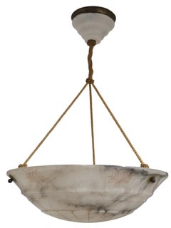 Hand carved French white+ grey alabaster w/carved detail, alabaster canopy +cord
